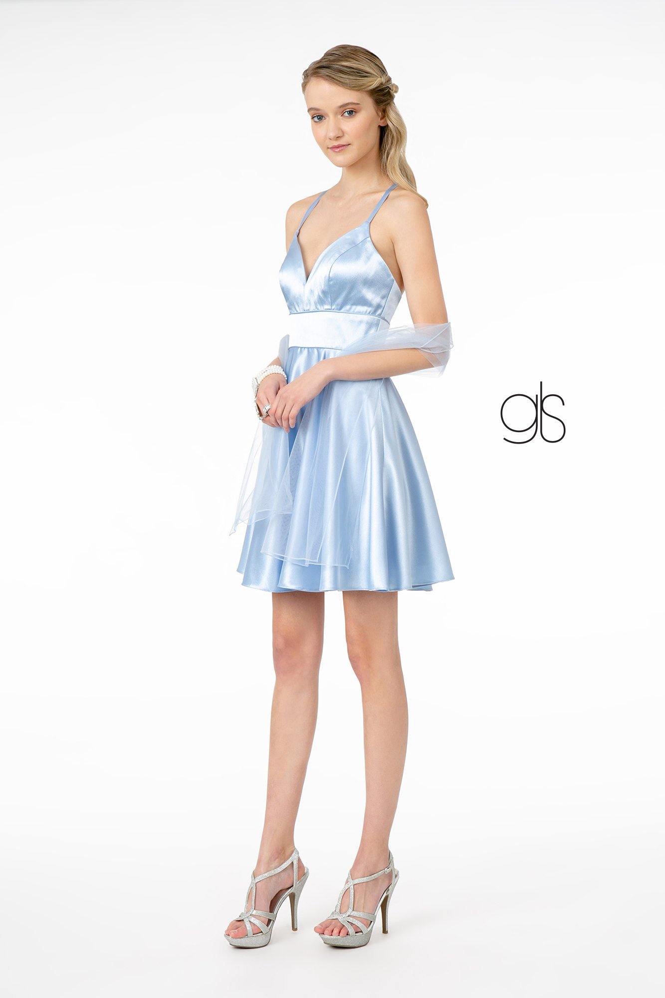 V-Neck Stain Short Dress Cocktail - The Dress Outlet
