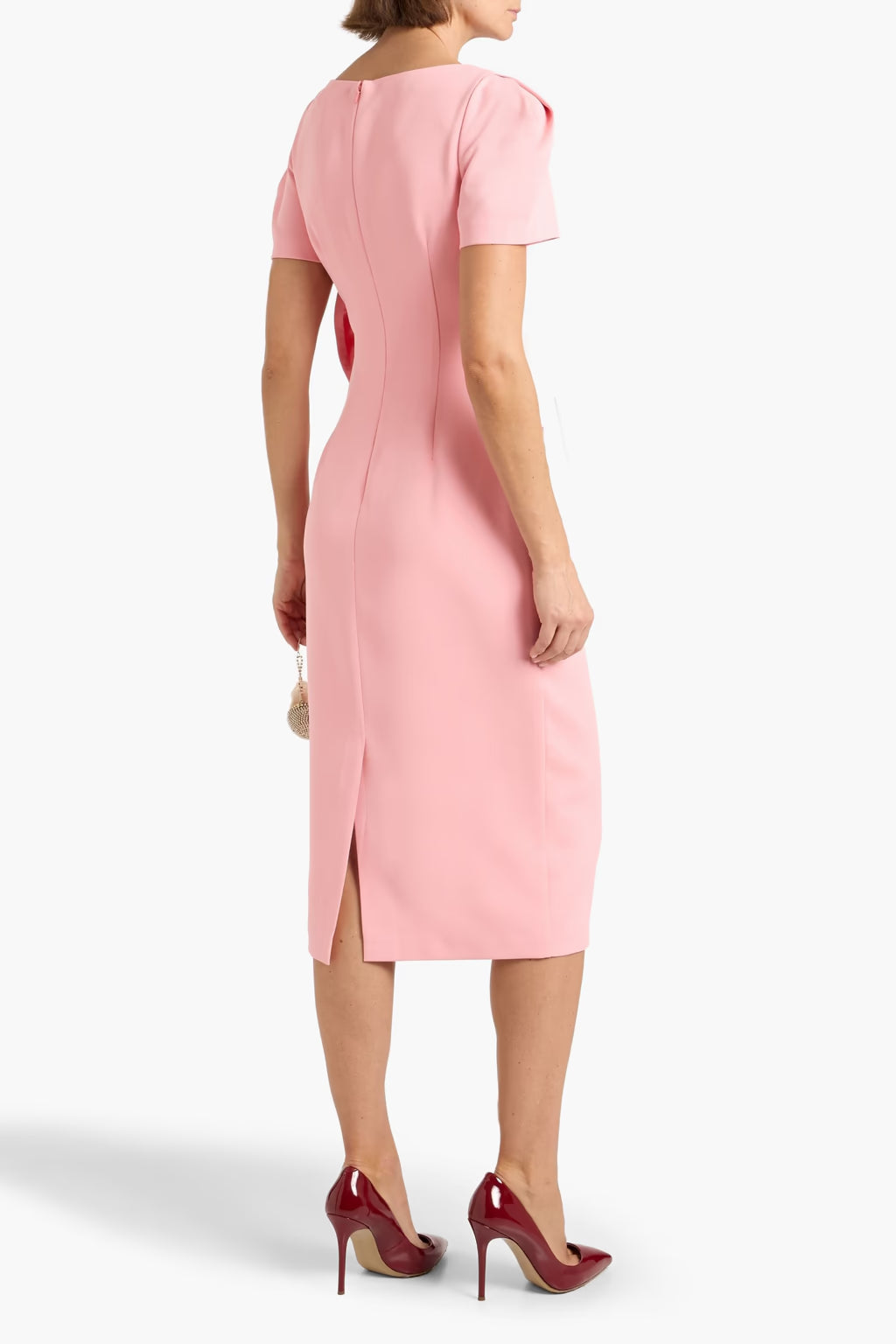 Peony Bateau Neck Midi Crepe Cocktail Dress Bow Detail Badgley Mischka SC4564
