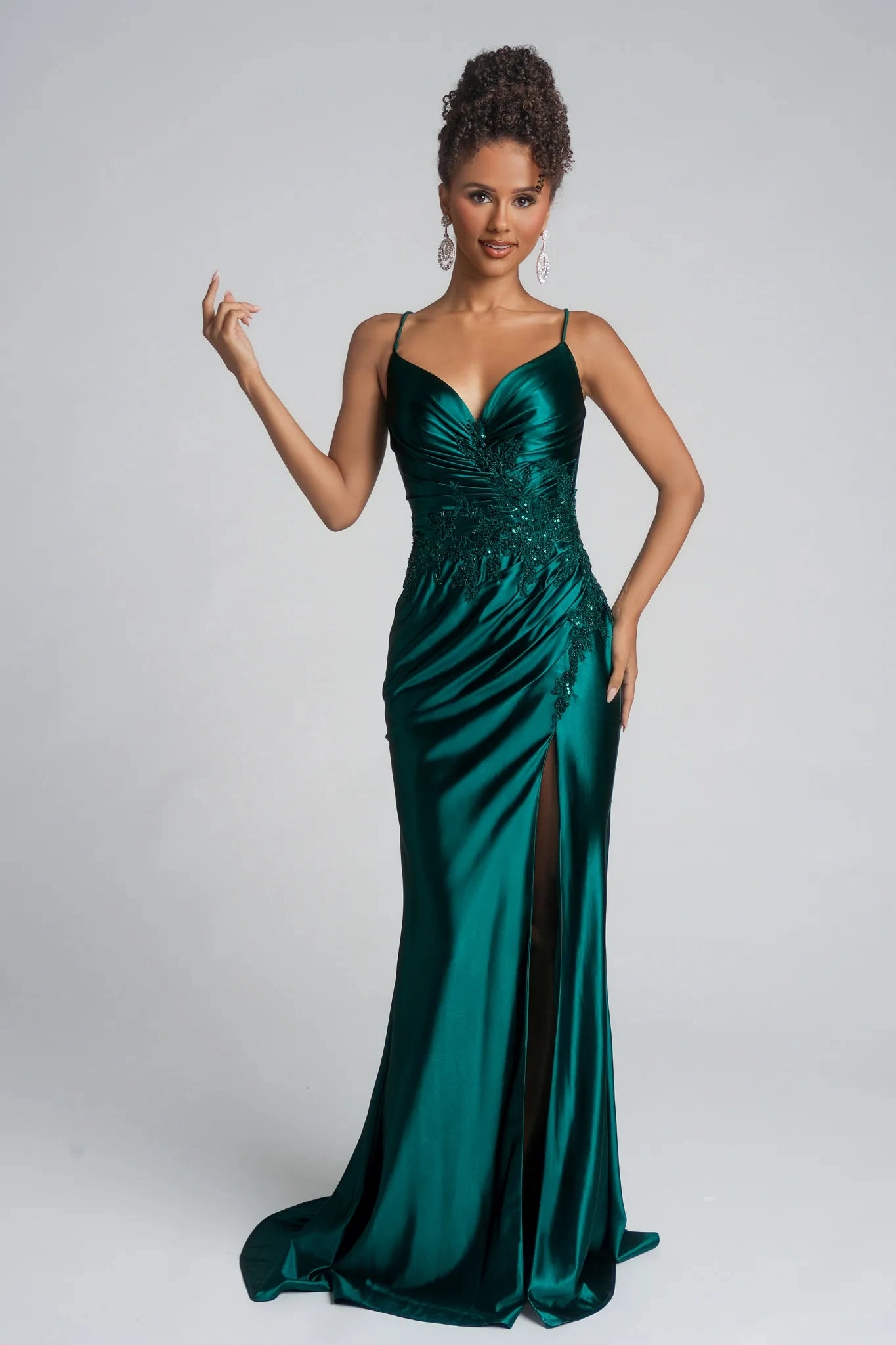 Emerald V-Neck Floor-Length Satin Prom Gown with High Slit and Beaded Appliqué Portia & Scarlett XO136