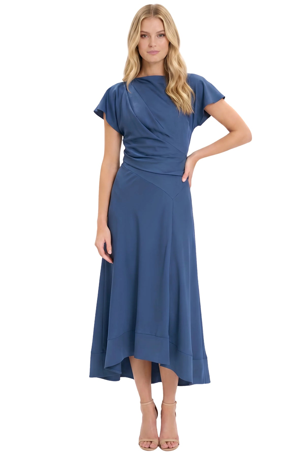 Maggy London G7100M blue satin midi dress with flutter sleeves and draped bodice, front view