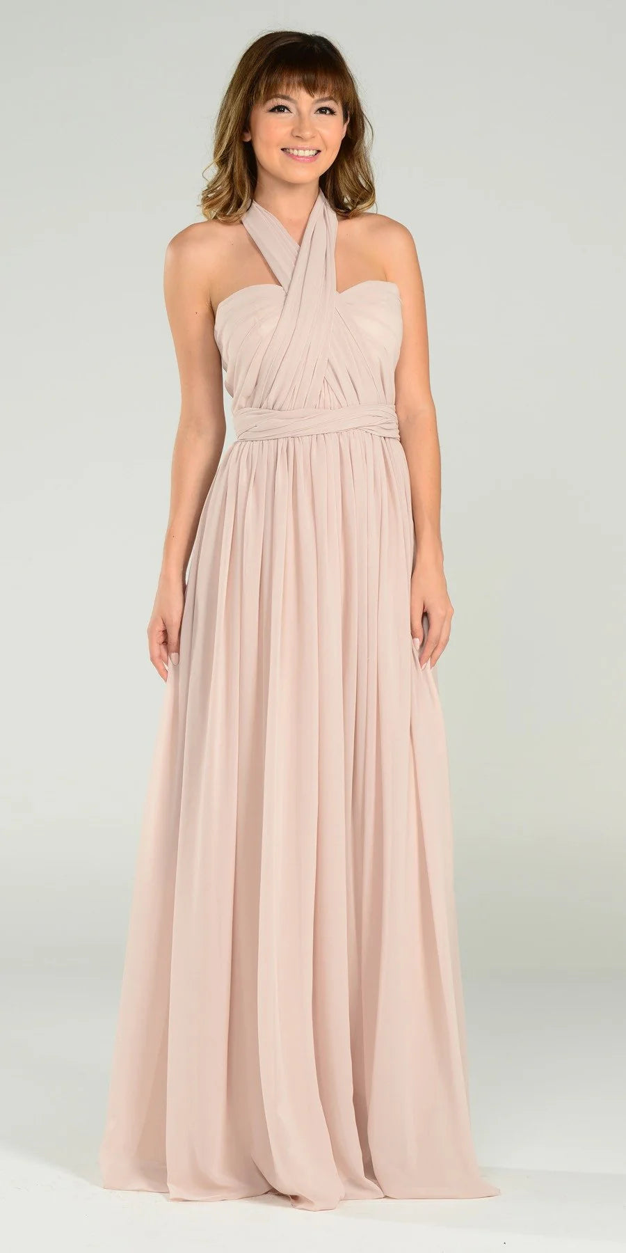 Tan Sweetheart Floor-Length Chiffon Prom Convertible Gown Poly USA 7156