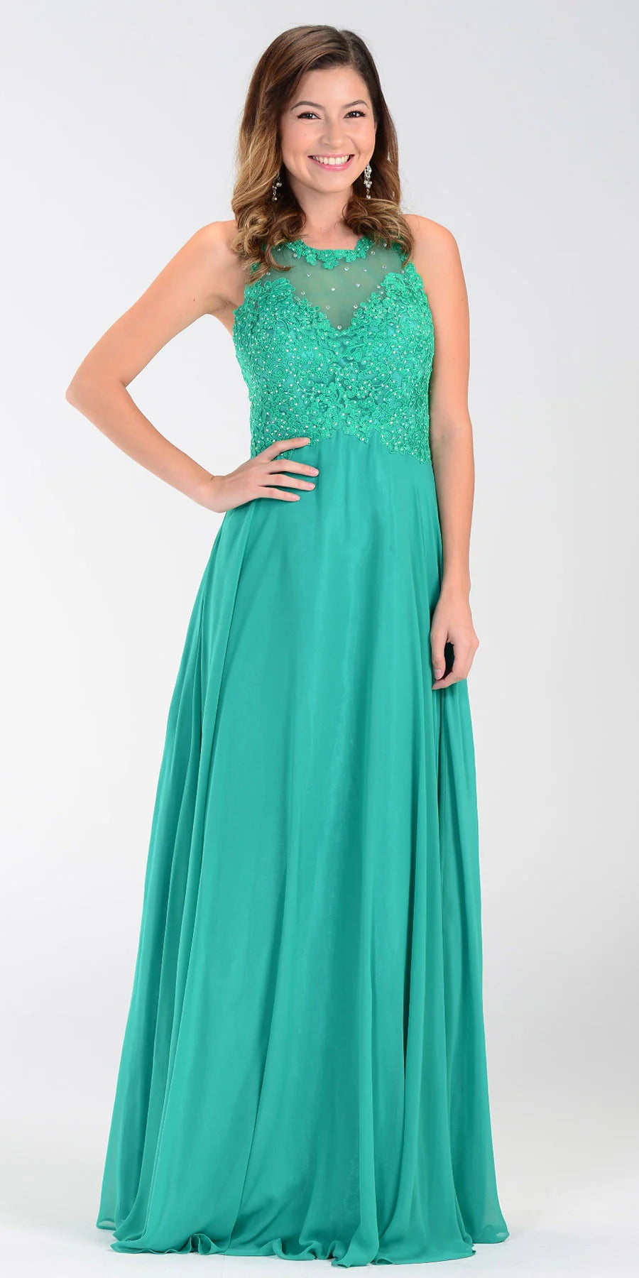 Green Illusion Jewel Floor-Length Chiffon Formal Gown Lace Applique Poly USA 7454