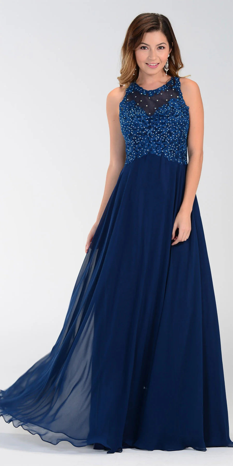 Navy Illusion Jewel Floor-Length Chiffon Formal Gown Lace Applique Poly USA 7454