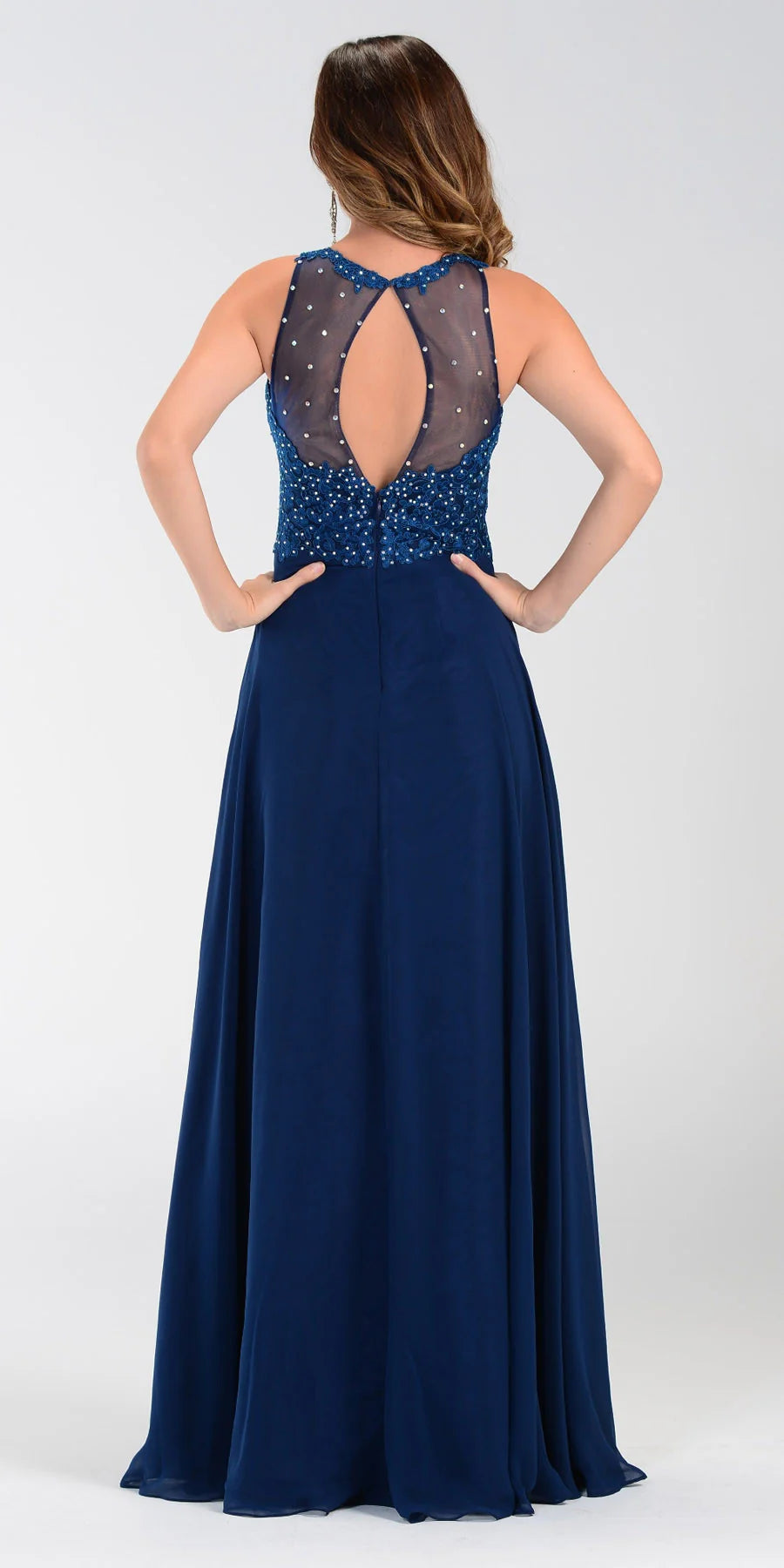 Navy Illusion Jewel Floor-Length Chiffon Formal Gown Lace Applique Poly USA 7454
