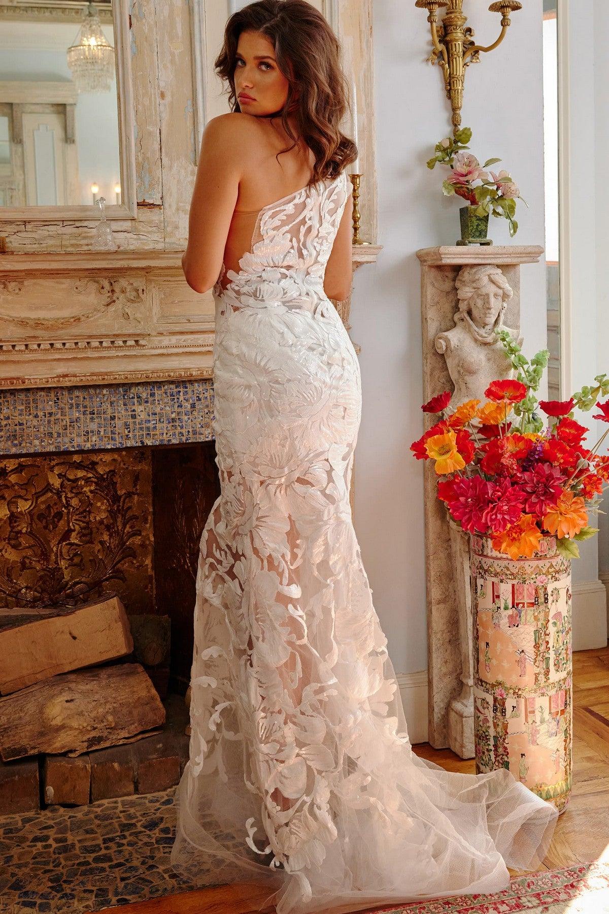 One Shoulder Fitted Long Prom Gown White