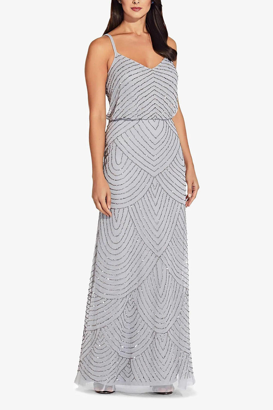 Formal Dresses Adrianna Papell 091866700 Spaghetti Strap V-Neck Blouson Long Formal Dress Bridal Silver