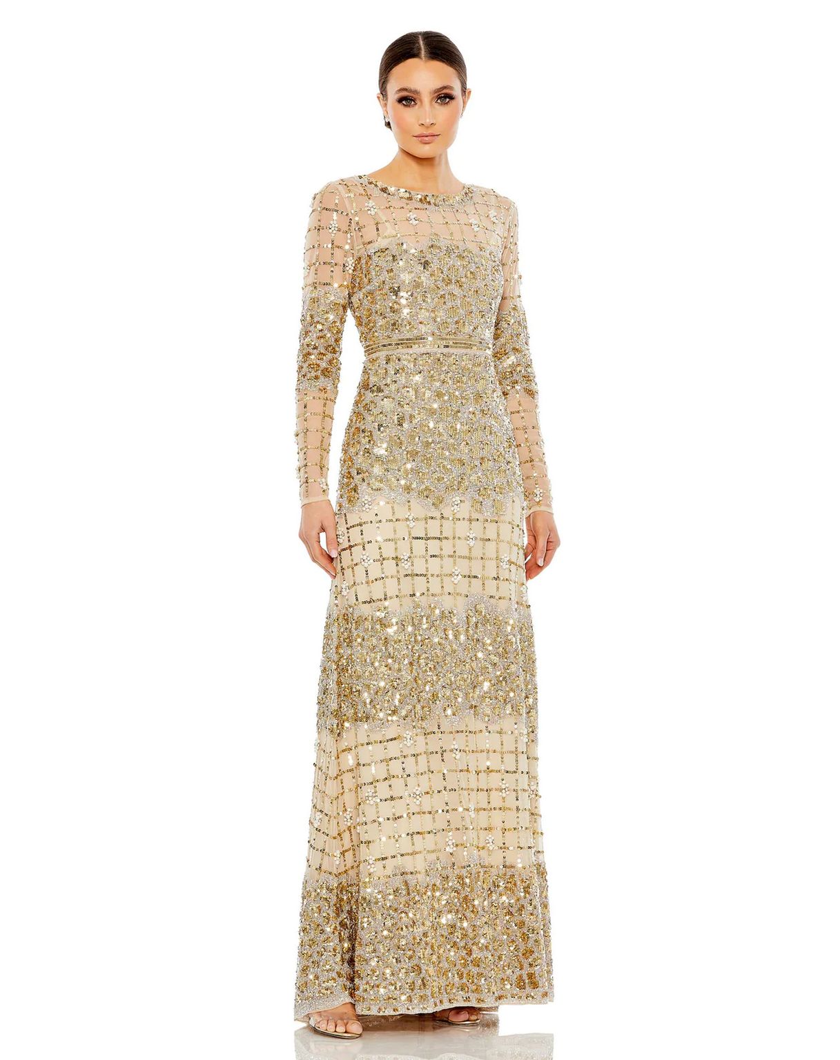 Gold Mac Duggal 10951 Long Sleeve Formal Evening Dress for $998.99