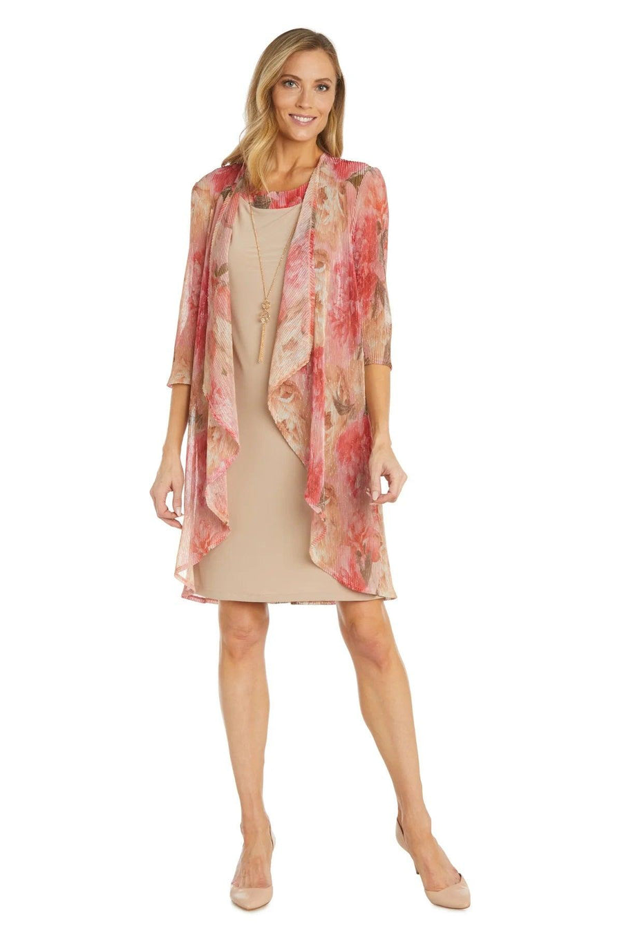 Mother of the Bride Dresses Short Printed Metallic Jacket Dress Peach/Coral