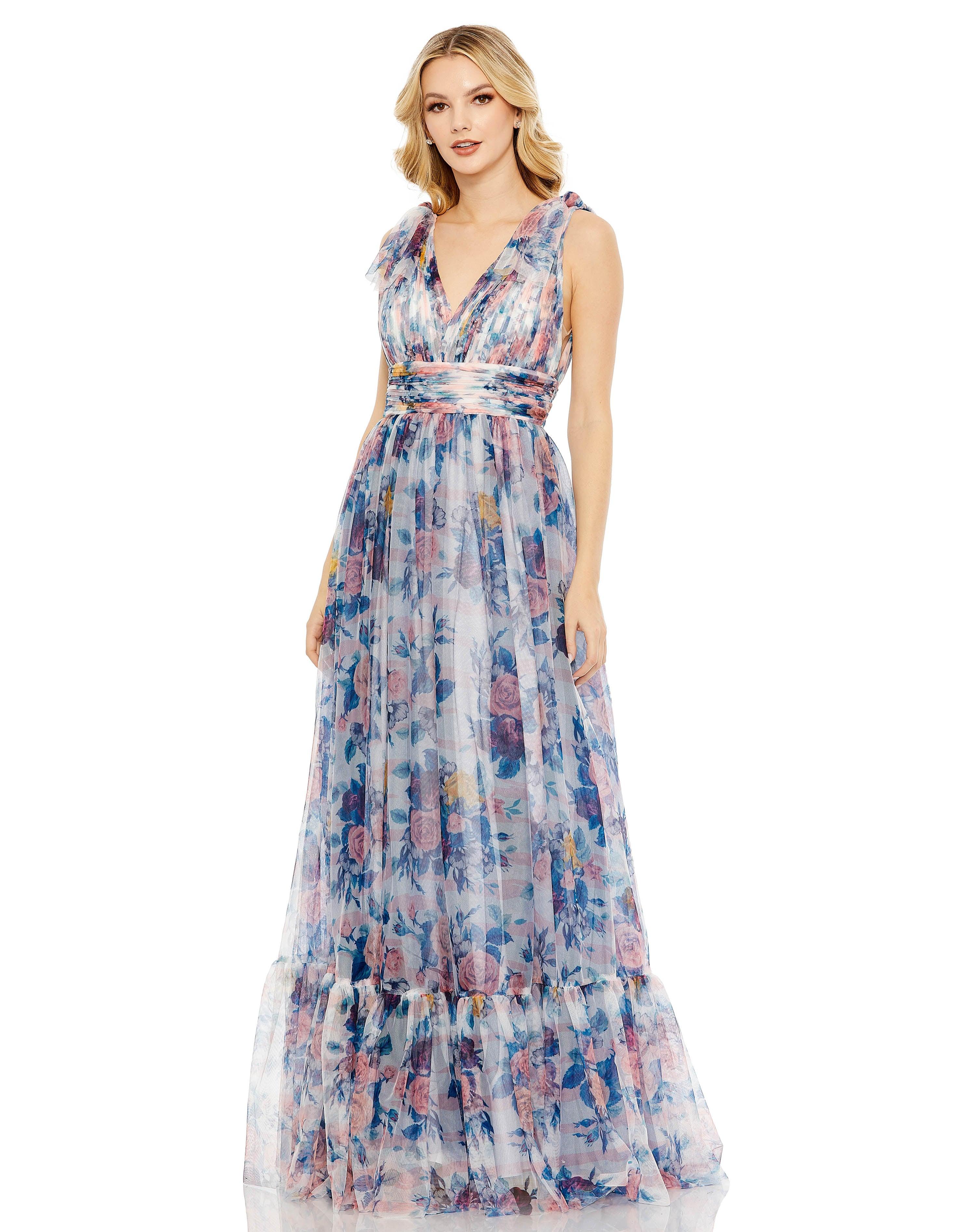 Blue Multi Mac Duggal 11332 Long Sleeveless Formal Floral Dress
