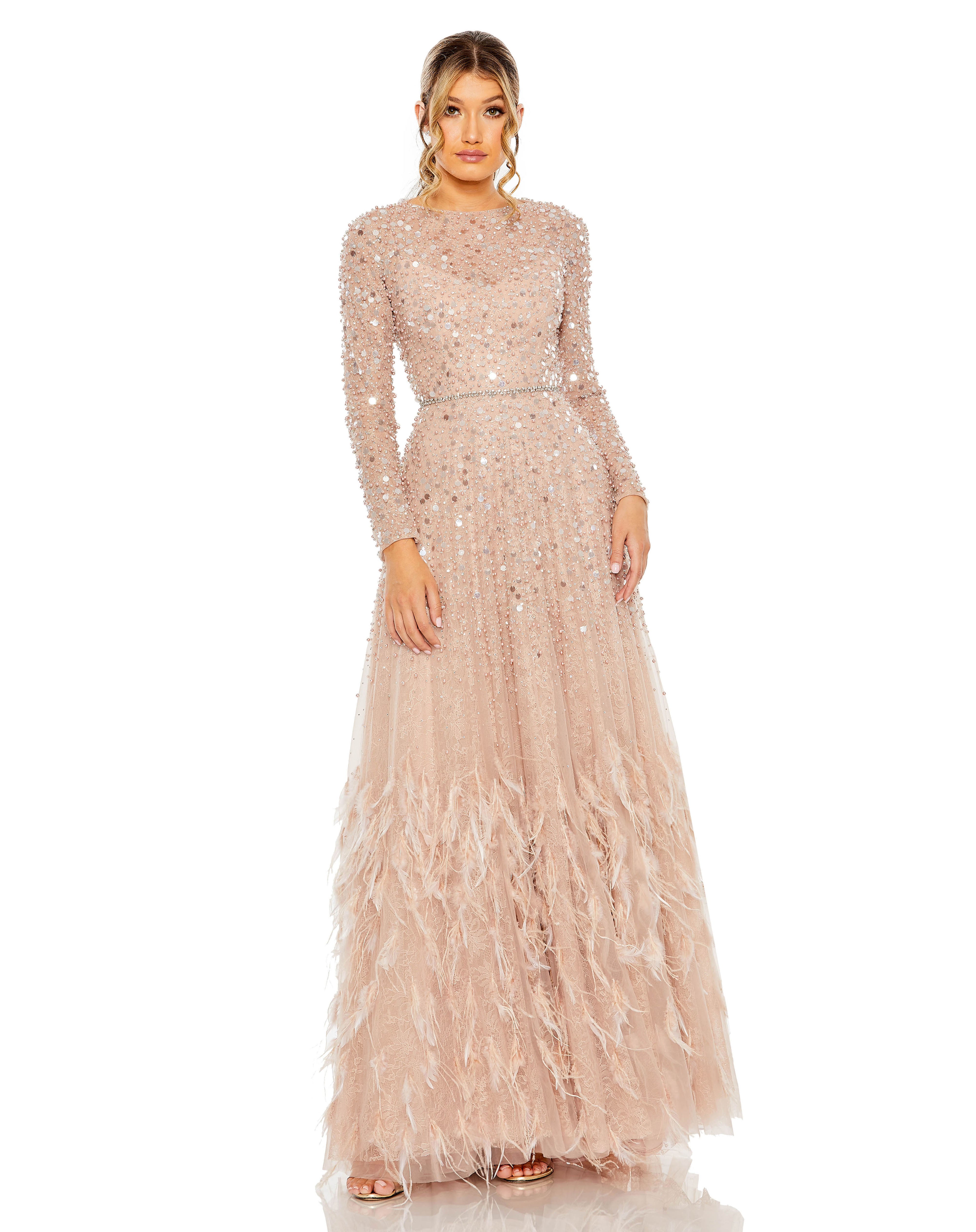 Formal Dresses Long Sleeve Formal Beaded Fringe Evening Gown Dusty Rose