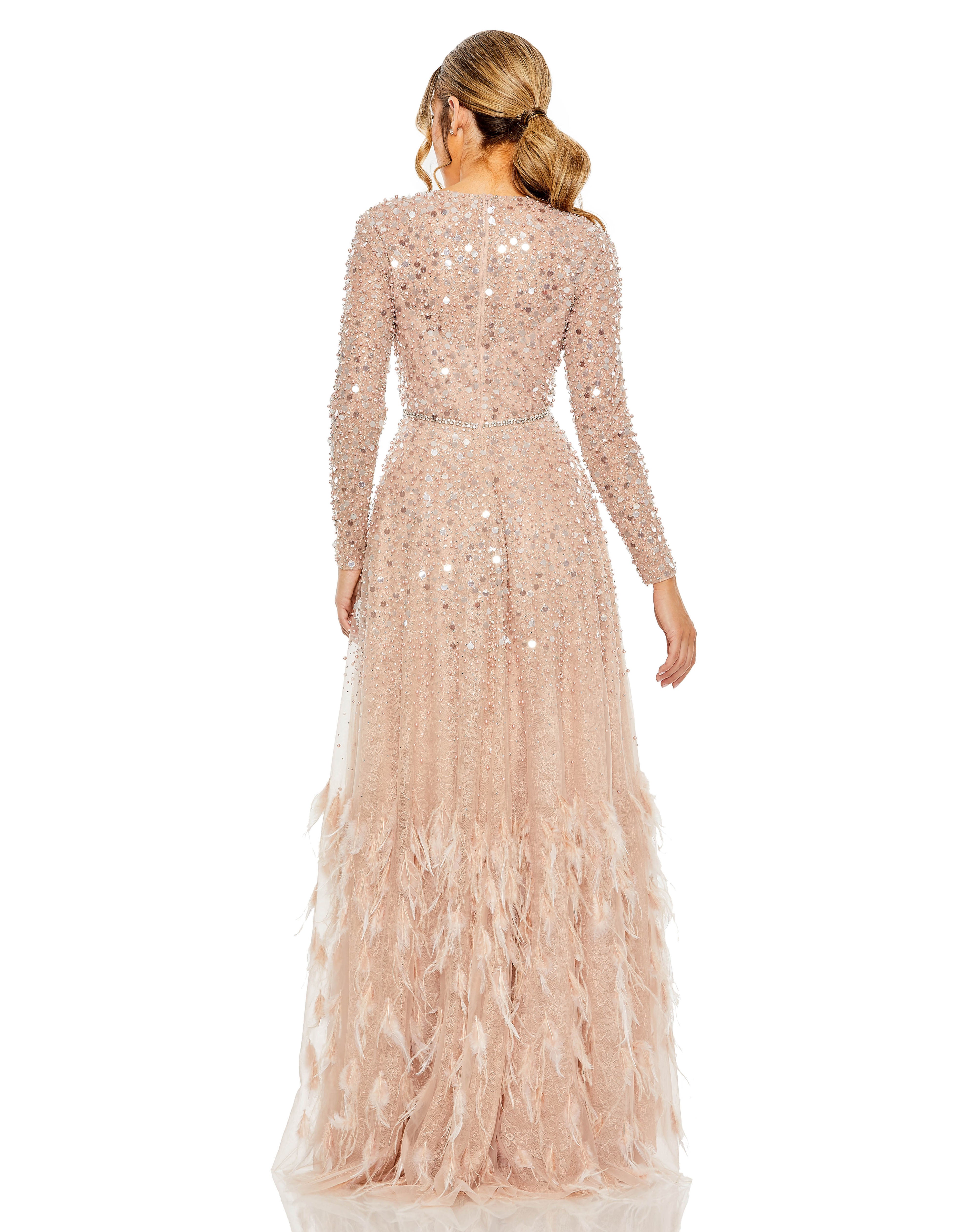 Formal Dresses Long Sleeve Formal Beaded Fringe Evening Gown Dusty Rose