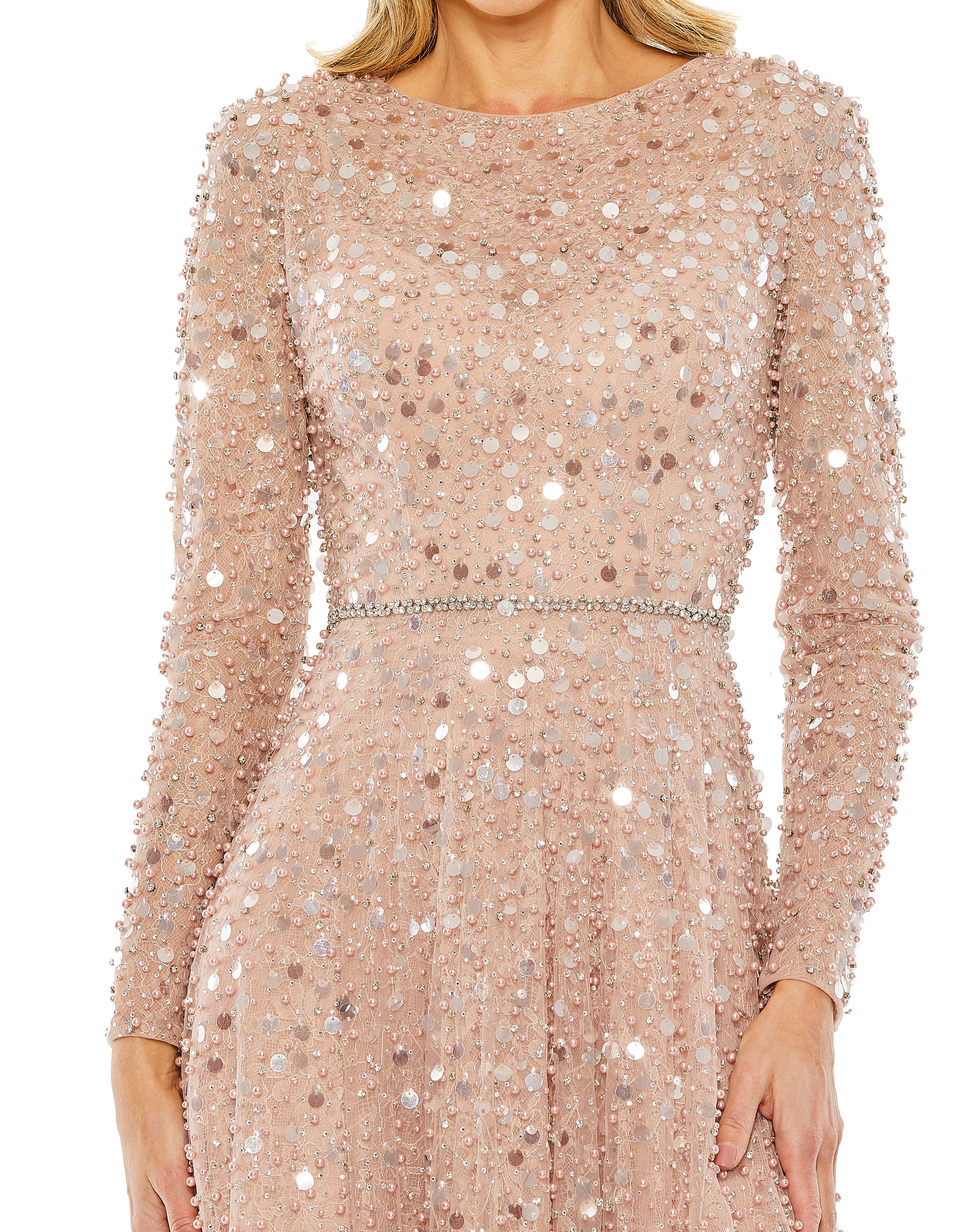 Formal Dresses Long Sleeve Formal Beaded Fringe Evening Gown Dusty Rose