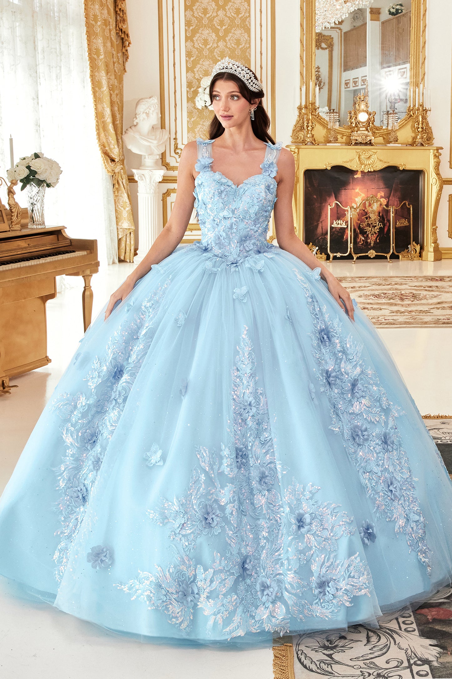 Quinceniera Dresses Long Quinceanera Off Shoulder Floral Applique Ball Gown Lt Blue