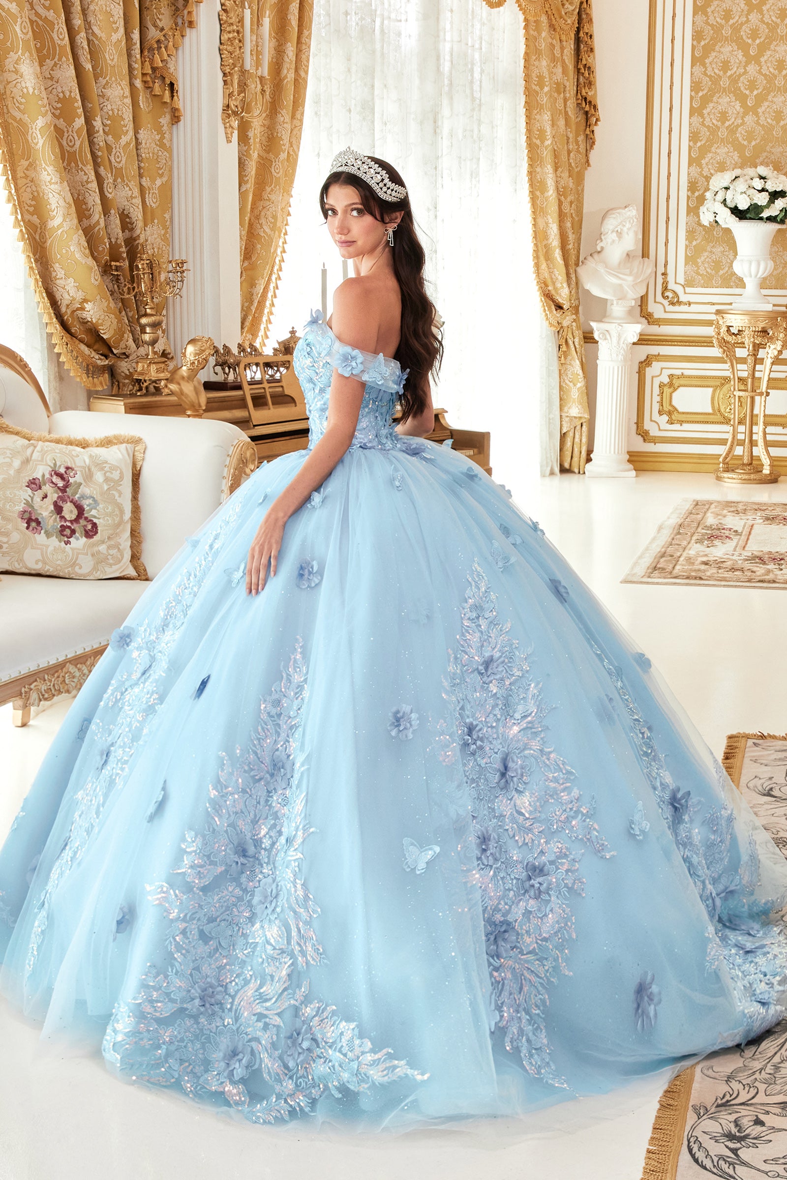 Quinceniera Dresses Long Quinceanera Off Shoulder Floral Applique Ball Gown Lt Blue