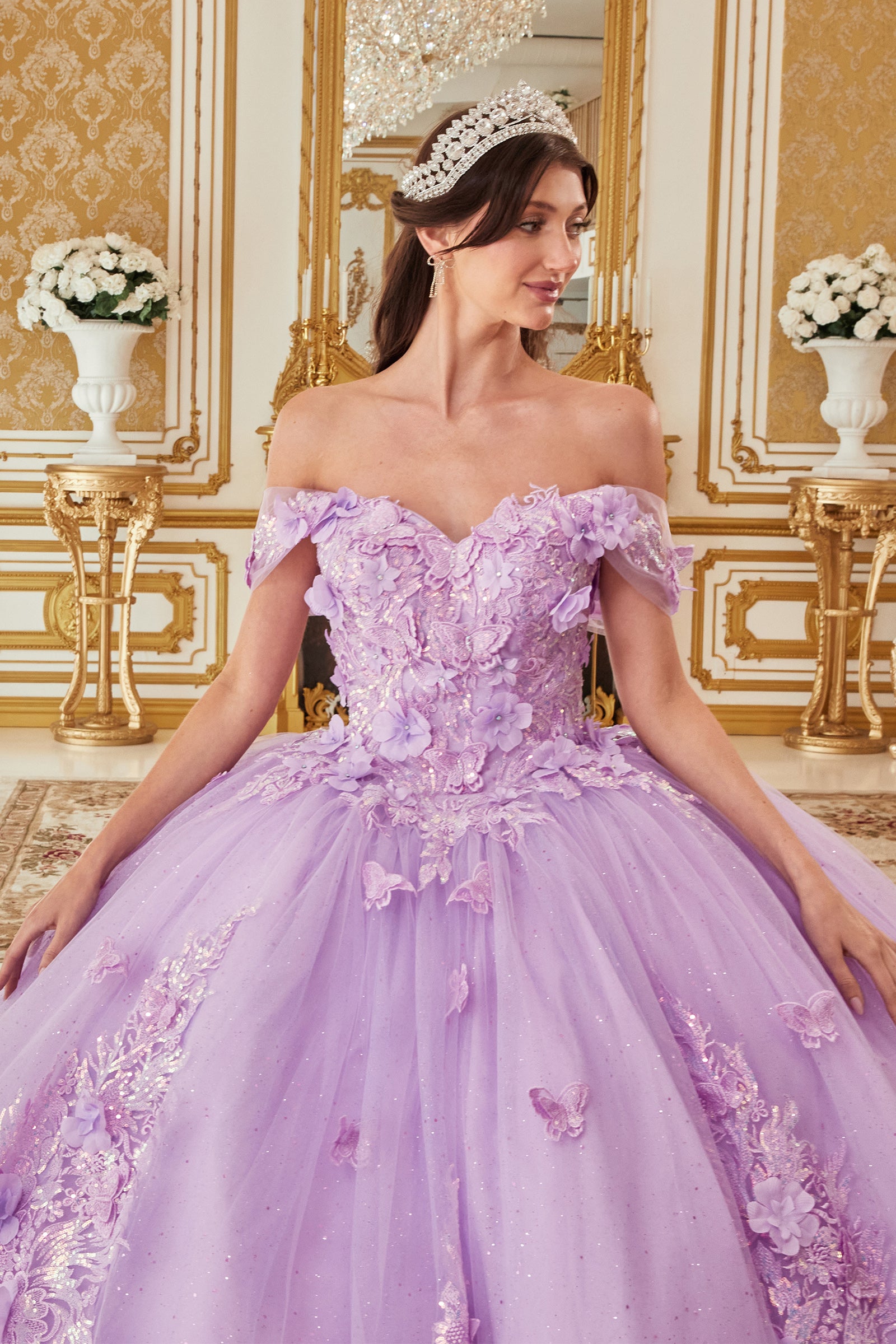 Quinceniera Dresses Long Quinceanera Off Shoulder Floral Applique Ball Gown Lavender