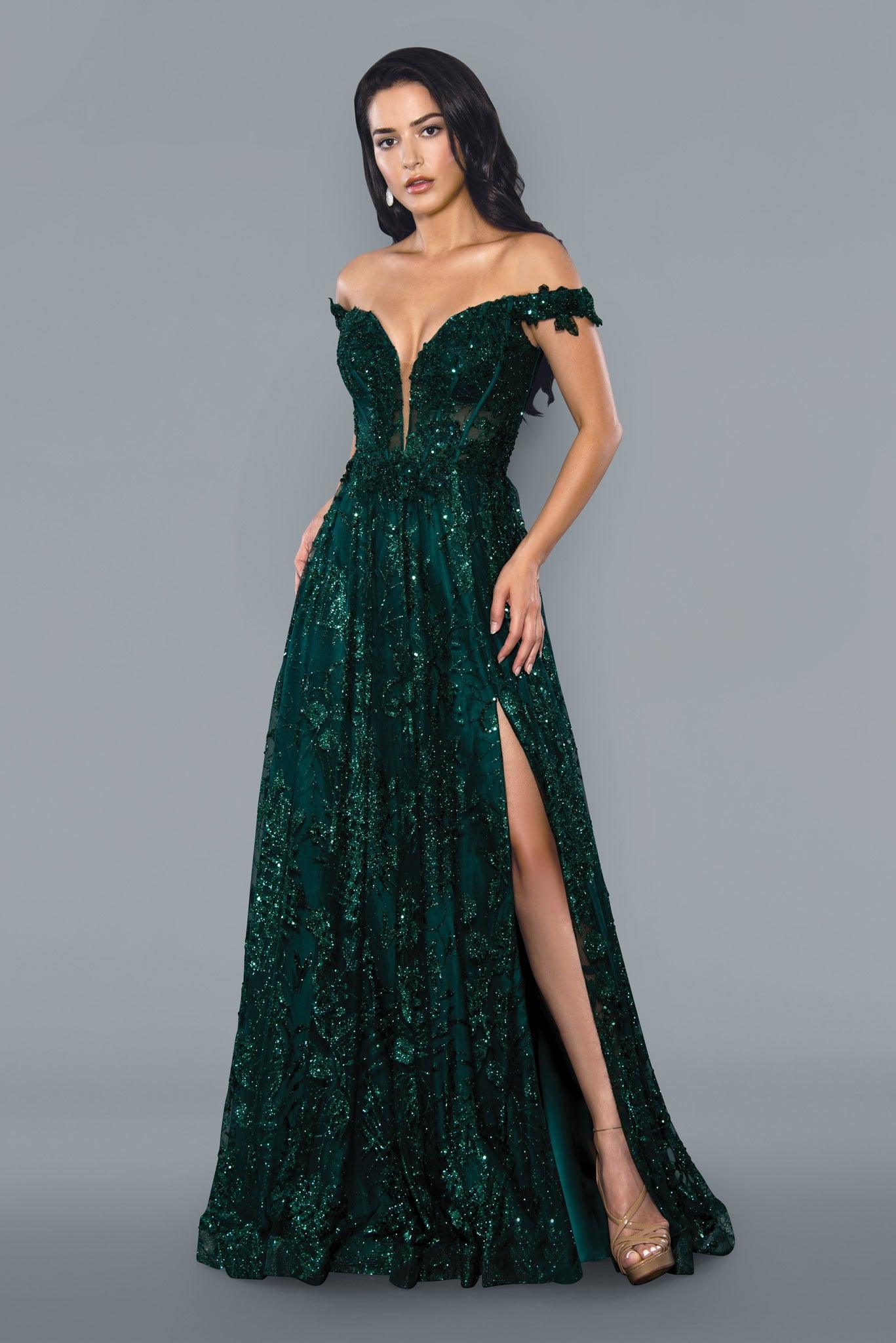 Off Shoulder Long Evening Gown Prom Dress Green
