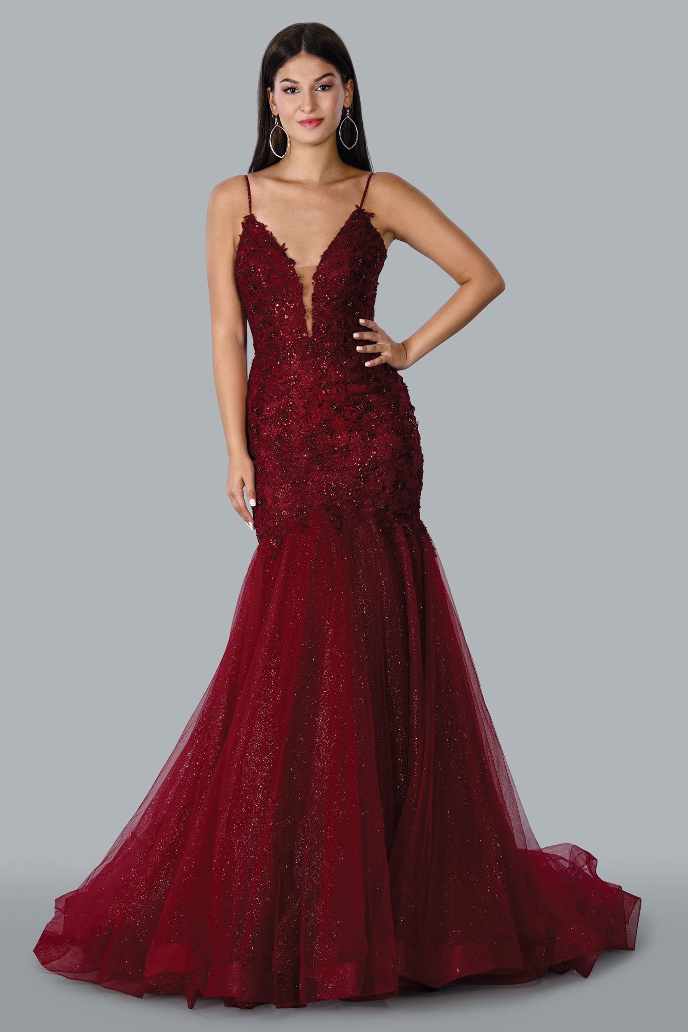 Burgundy Stella Couture 22043 Prom Glitter Long Formal Dress