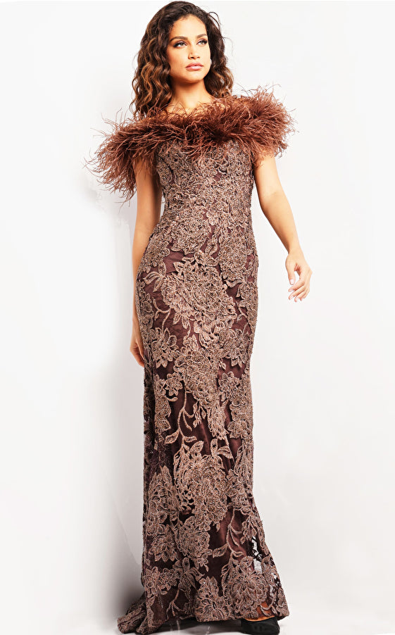 Brown Jovani 23030 Mother of the Bride Feather Off Shoulder Dress