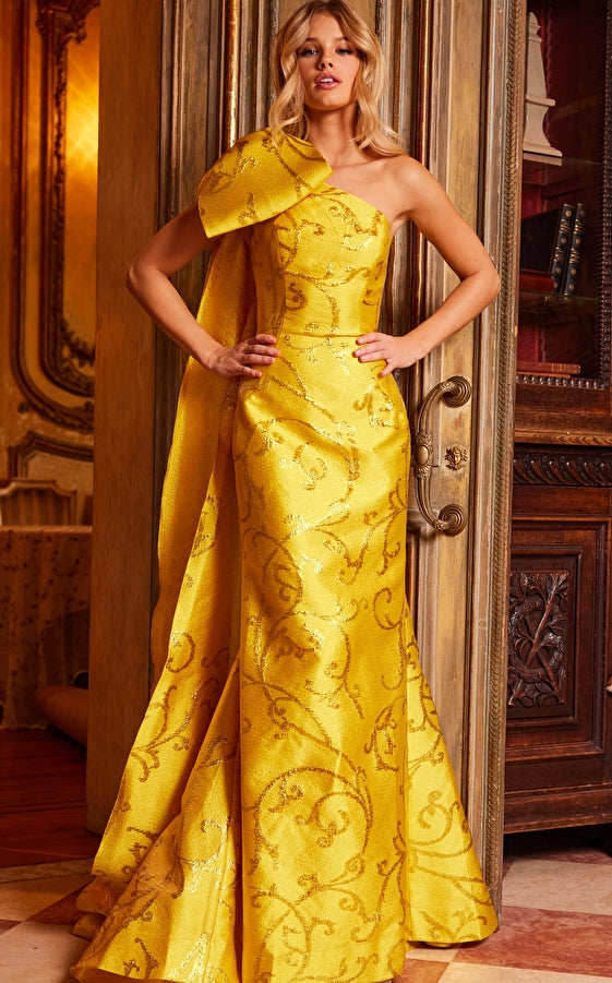 Formal Dresses Oversized Bow One Shoulder Cape Formal Dress Yellow