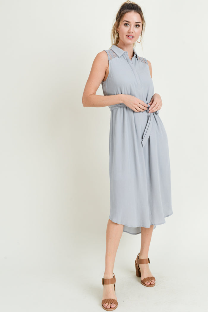 Cocktail Dresses Sleeveless Collared Button Midi Dress Ligth Grey