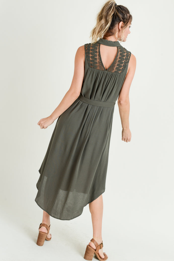 Cocktail Dresses Sleeveless Collared Button Midi Dress Olive