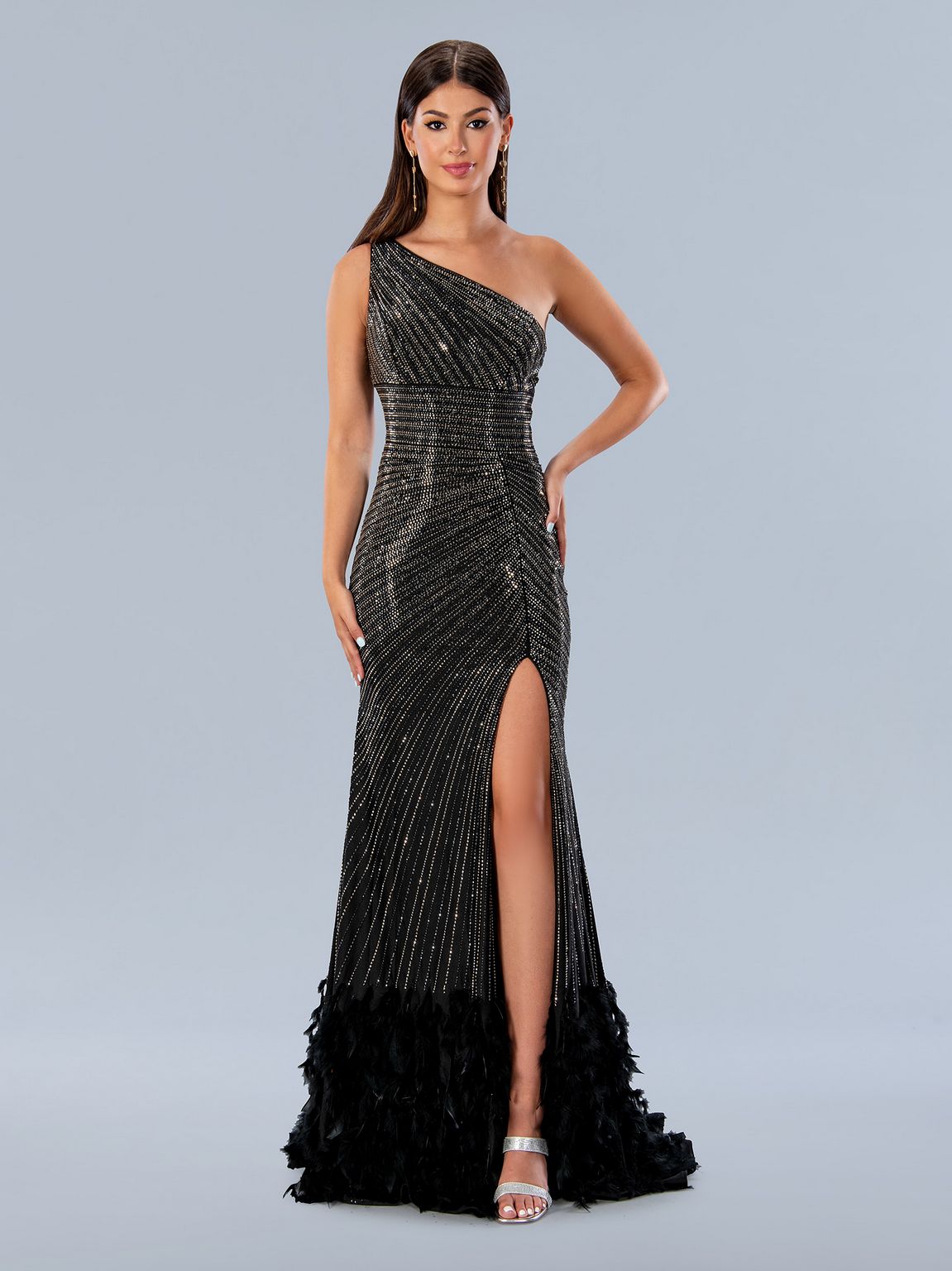 Black Stella Couture 24224 Long Fitted Formal Prom Feather Dress for ...