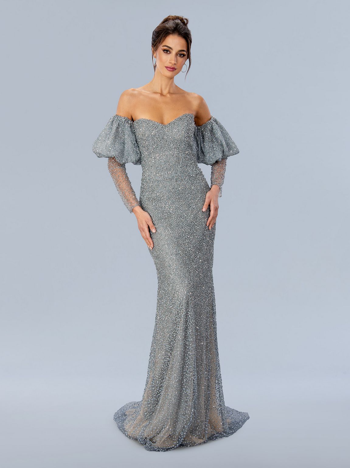 Formal Dresses Long Formal Detachable Sleeve Prom Dress Silver