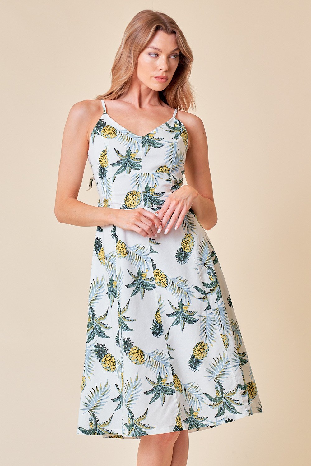 Cocktail Dresses Spaghetti Strap Bow Back Tie Midi Dress Off White