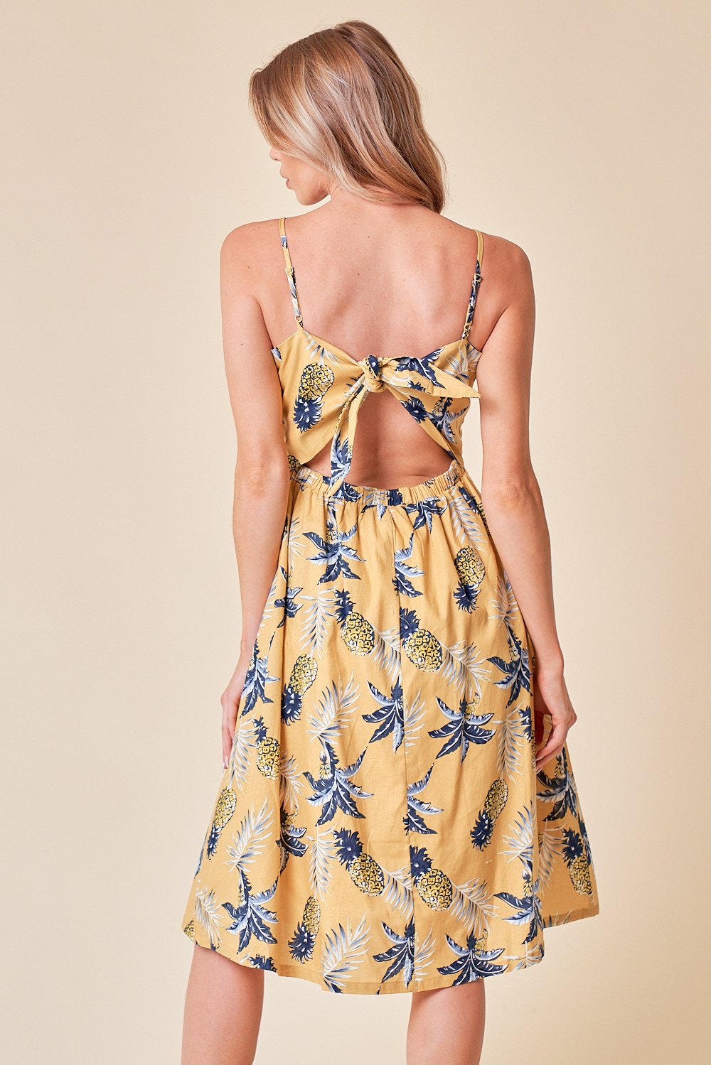 Cocktail Dresses Spaghetti Strap Bow Back Tie Midi Dress Yellow