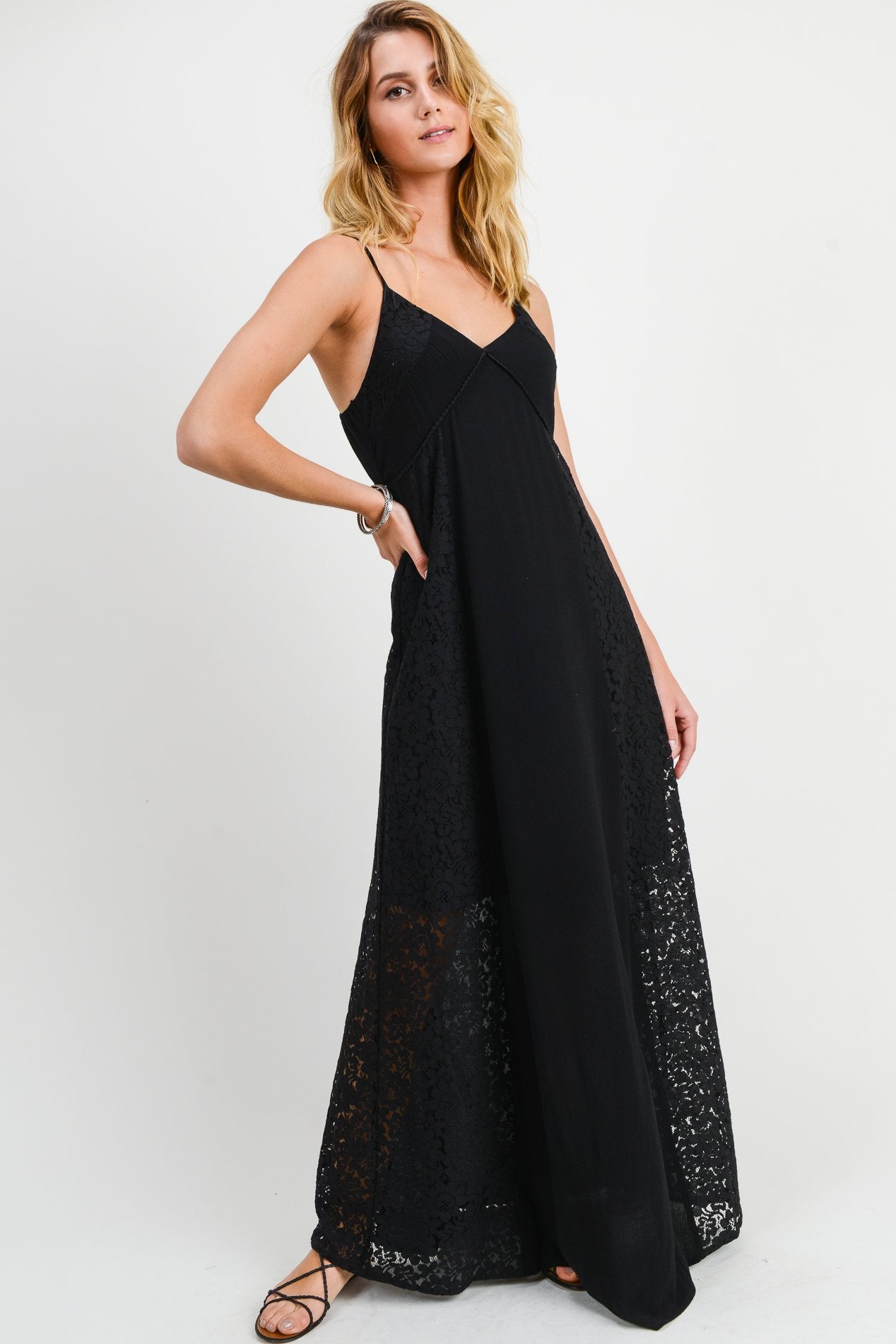 Black Long Spaghetti Strap Lace Maxi Dress