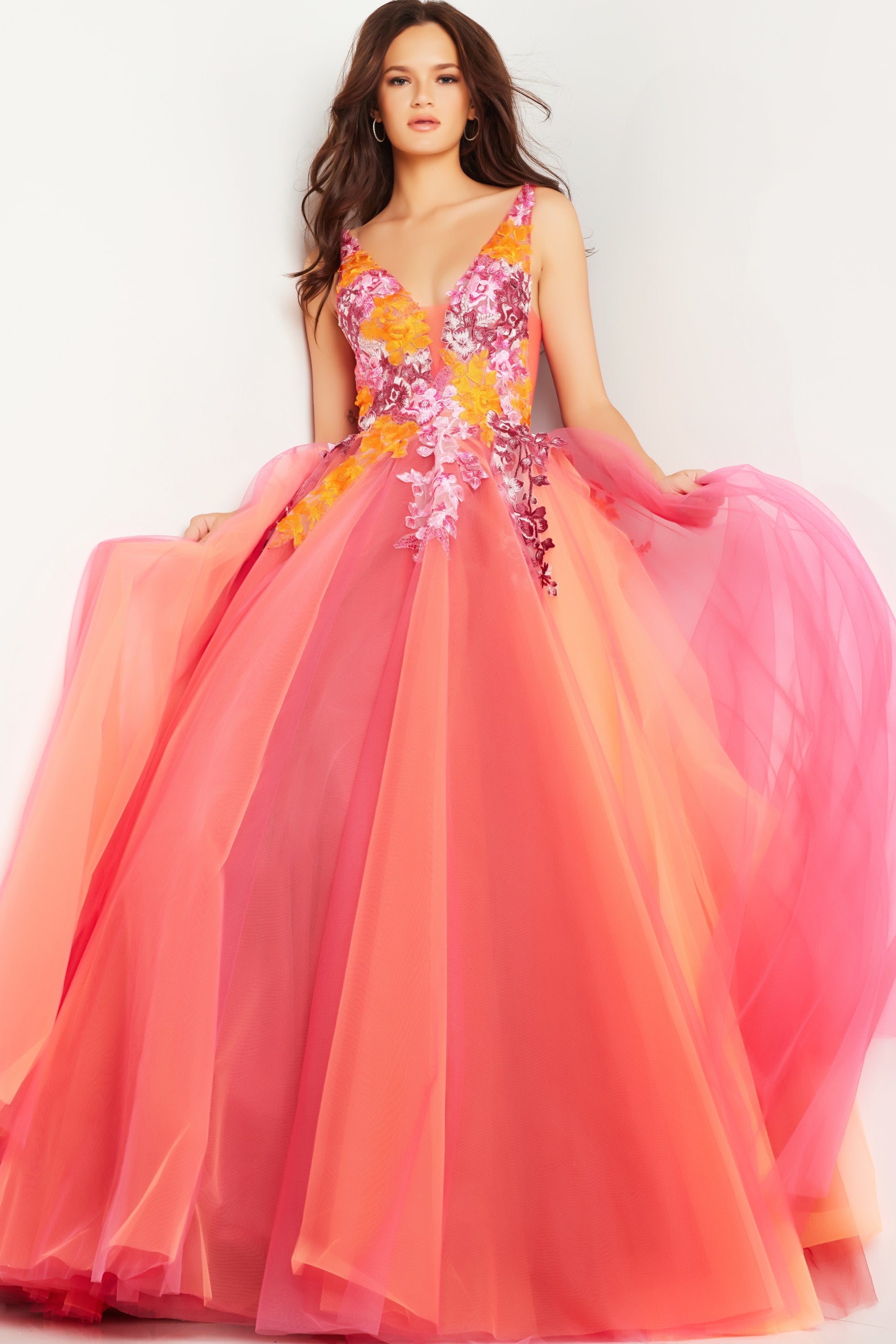 Orange/Multi Jovani 25800 Strapless Floral Embroidered Prom Dress