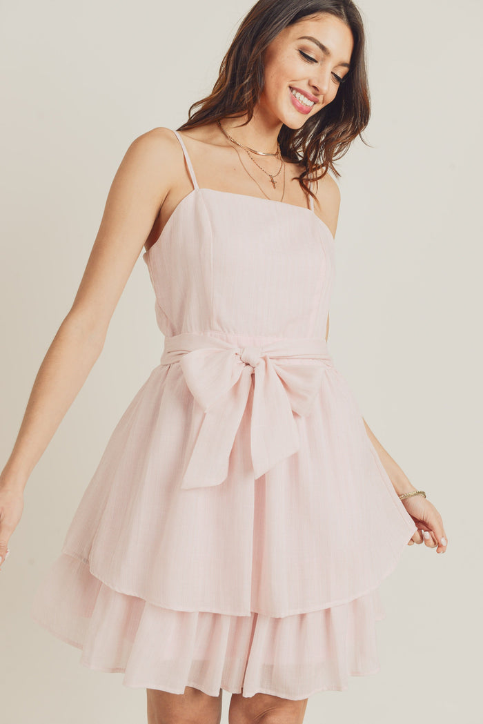 Cocktail Dresses Short Spaghetti Strap Waist Tie Double Layer Dress Blush