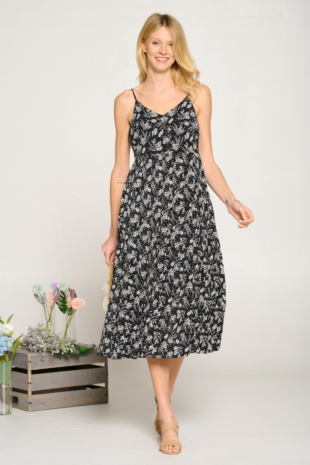 Cocktail Dresses Flower Print Spaghetti Strap Pleated Midi Dress Black