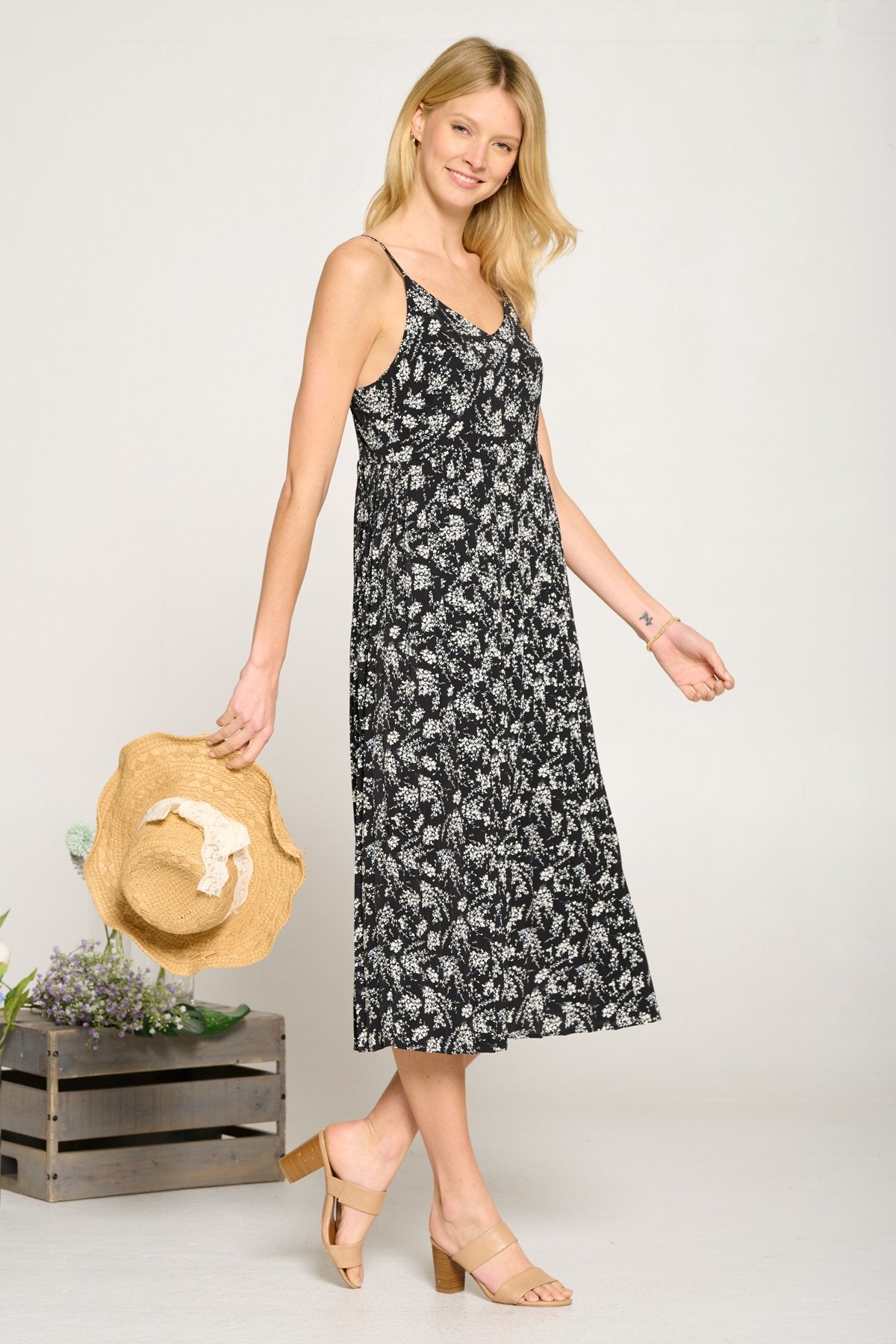 Cocktail Dresses Flower Print Spaghetti Strap Pleated Midi Dress Black
