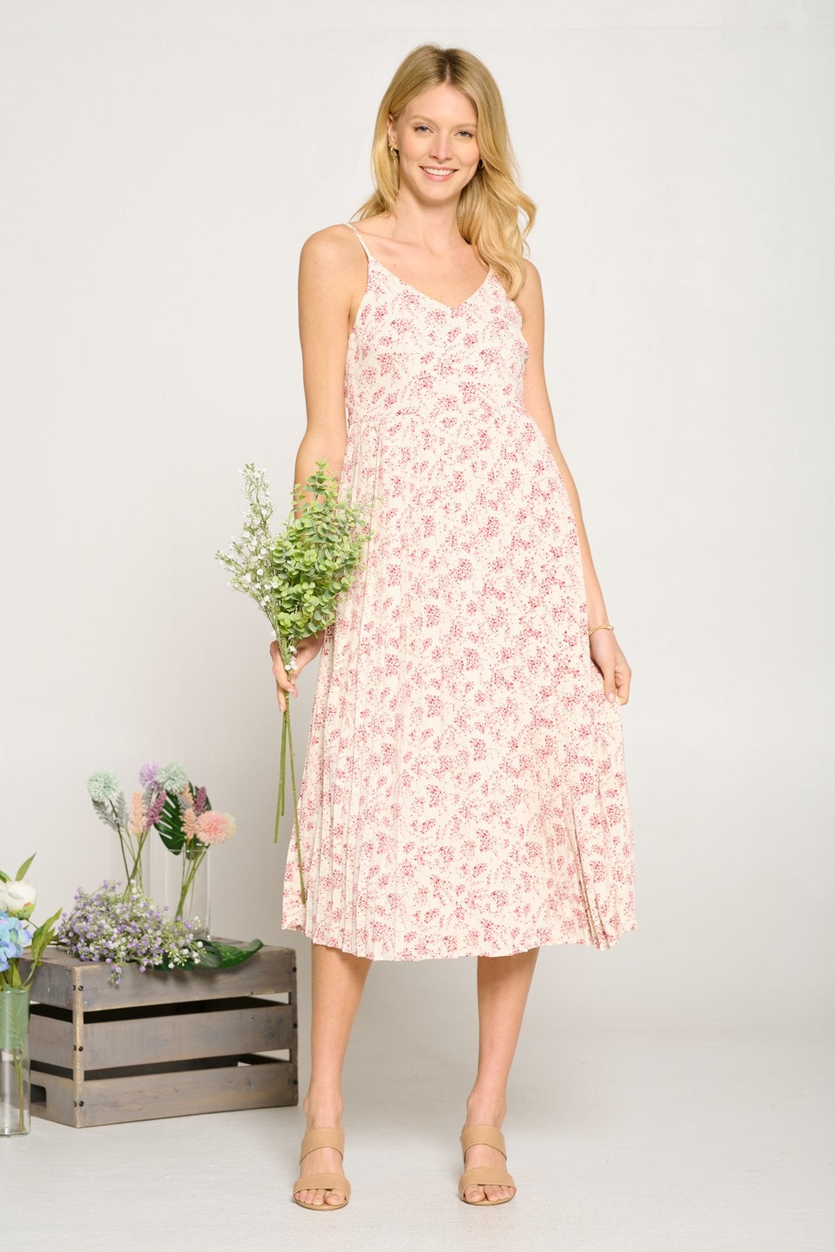 Cocktail Dresses Flower Print Spaghetti Strap Pleated Midi Dress Ivory/Magenta