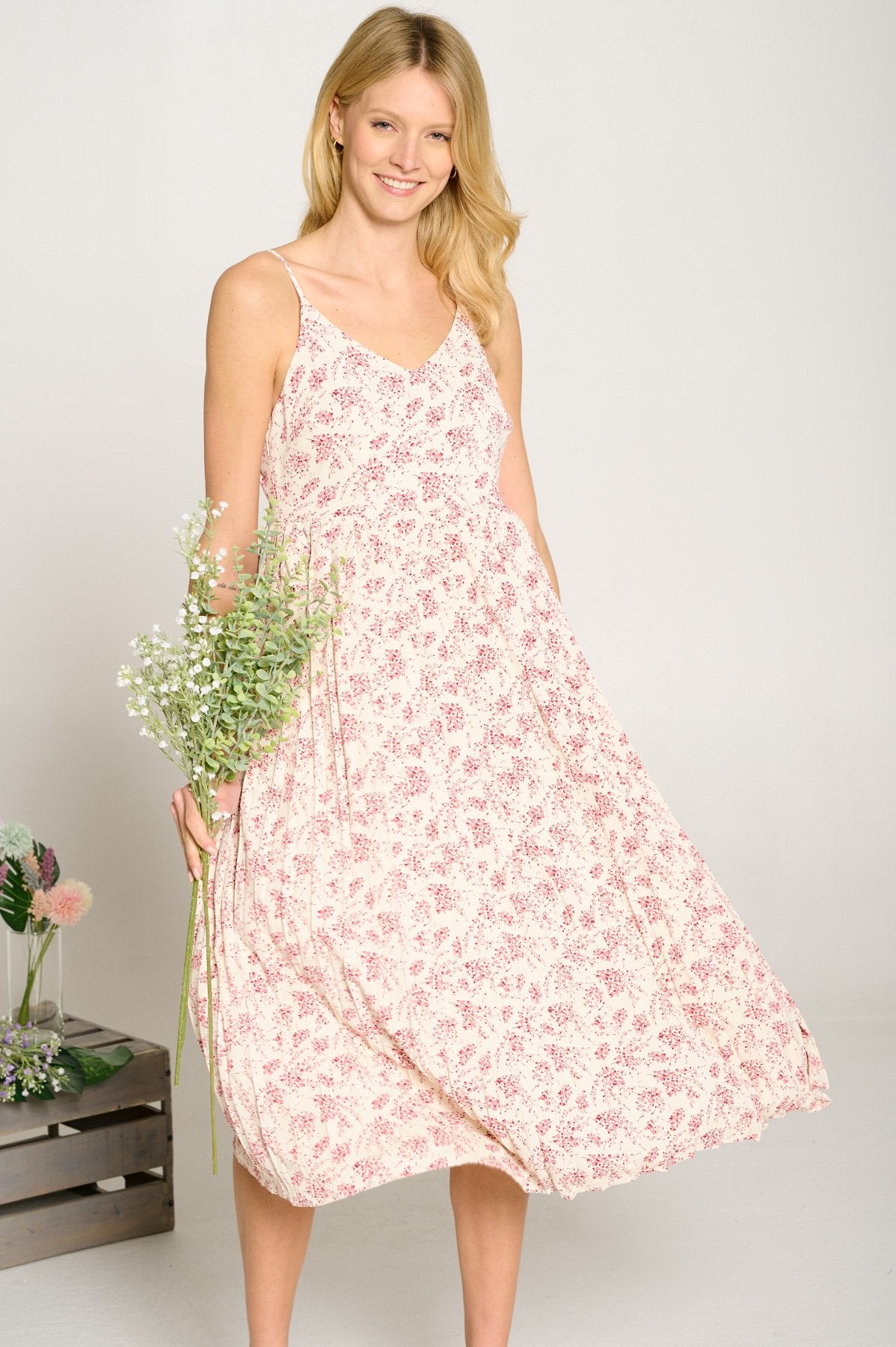 Cocktail Dresses Flower Print Spaghetti Strap Pleated Midi Dress Ivory/Magenta