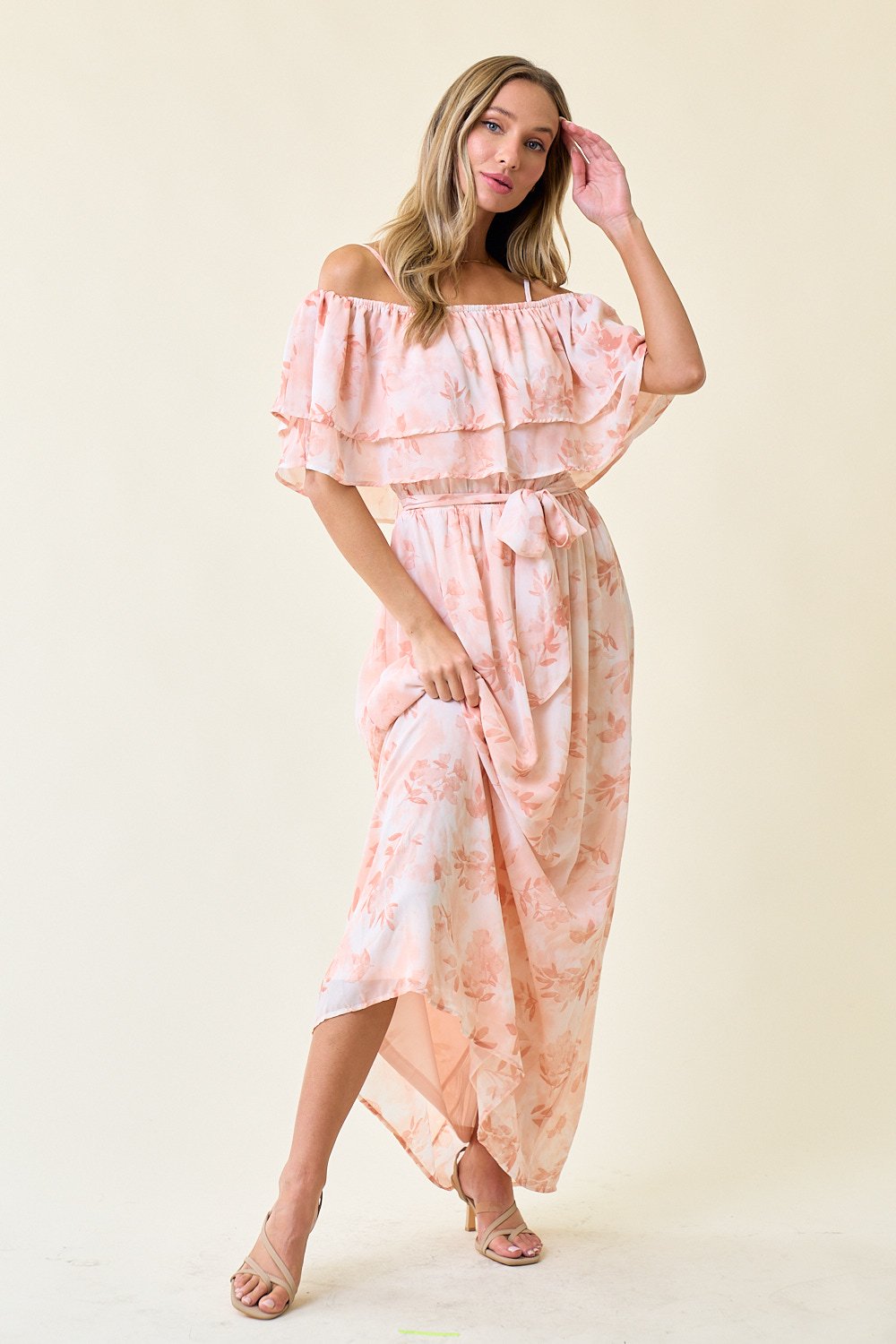 Cocktail Dresses Long Chiffon Floral Off Shoulder Dress Blush