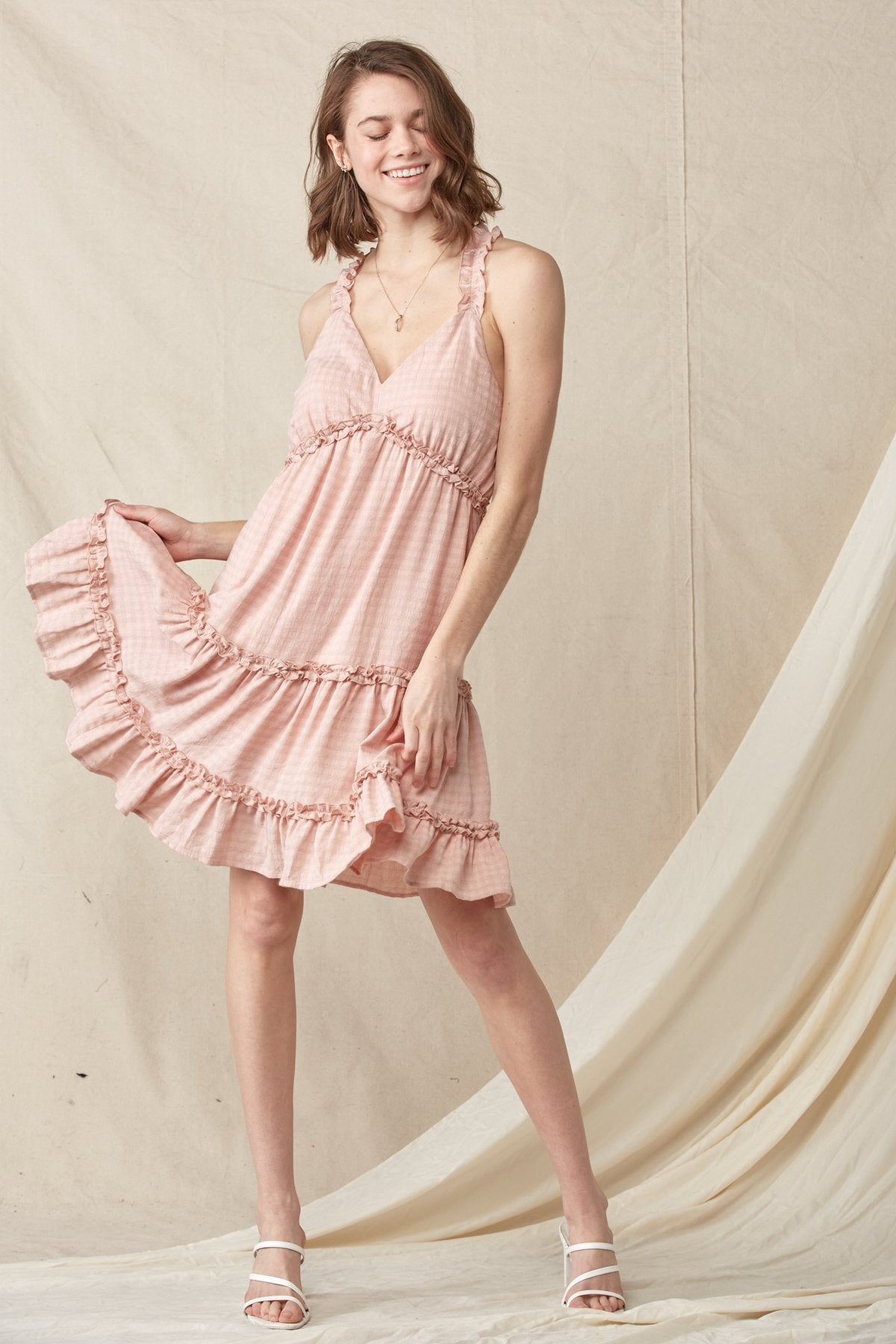 Cocktail Dresses Short Sleeveless Ruffle Strap Tiered Dress Blush