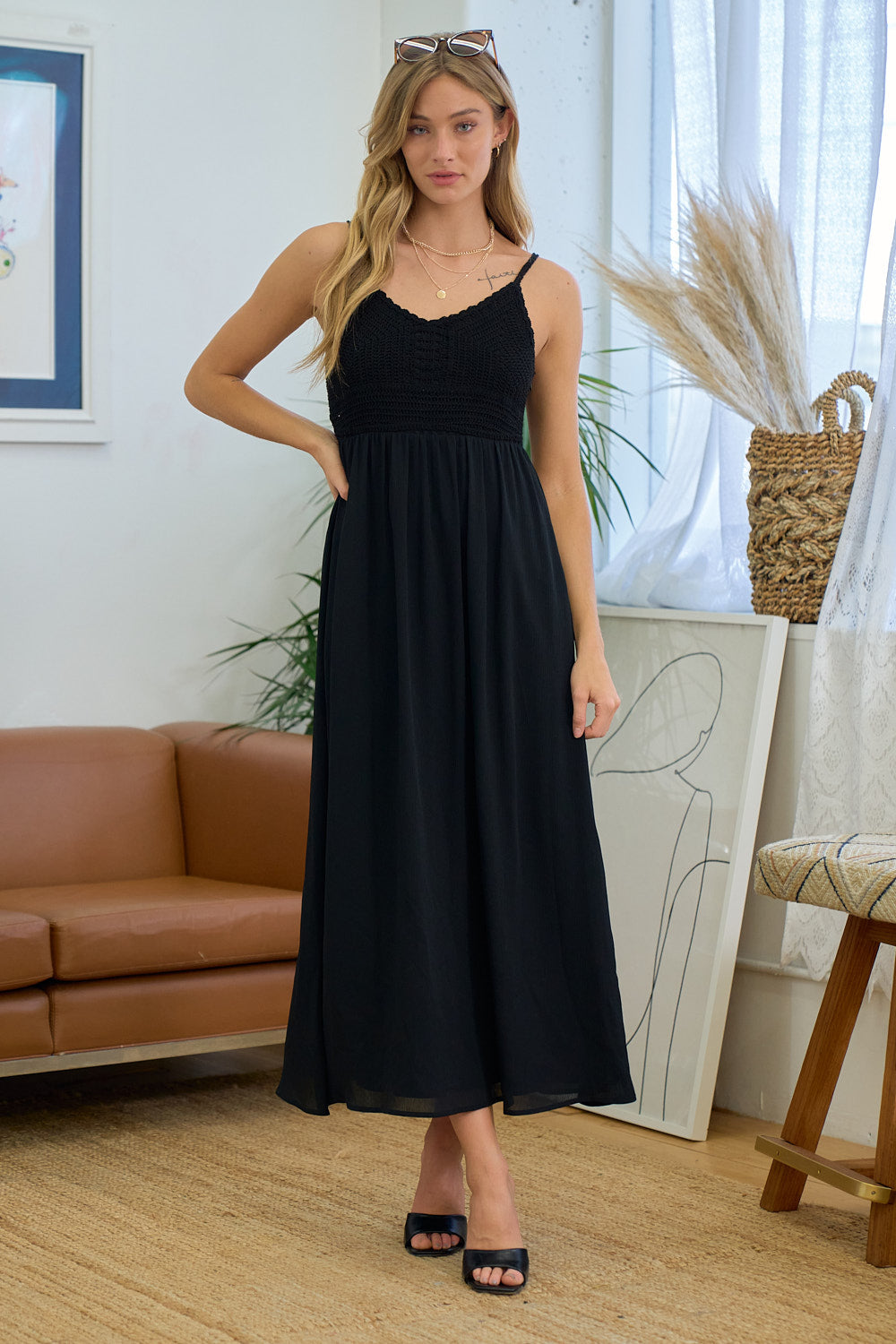 Cocktail Dresses Tea Length Crochet Top Maxi Dress Black