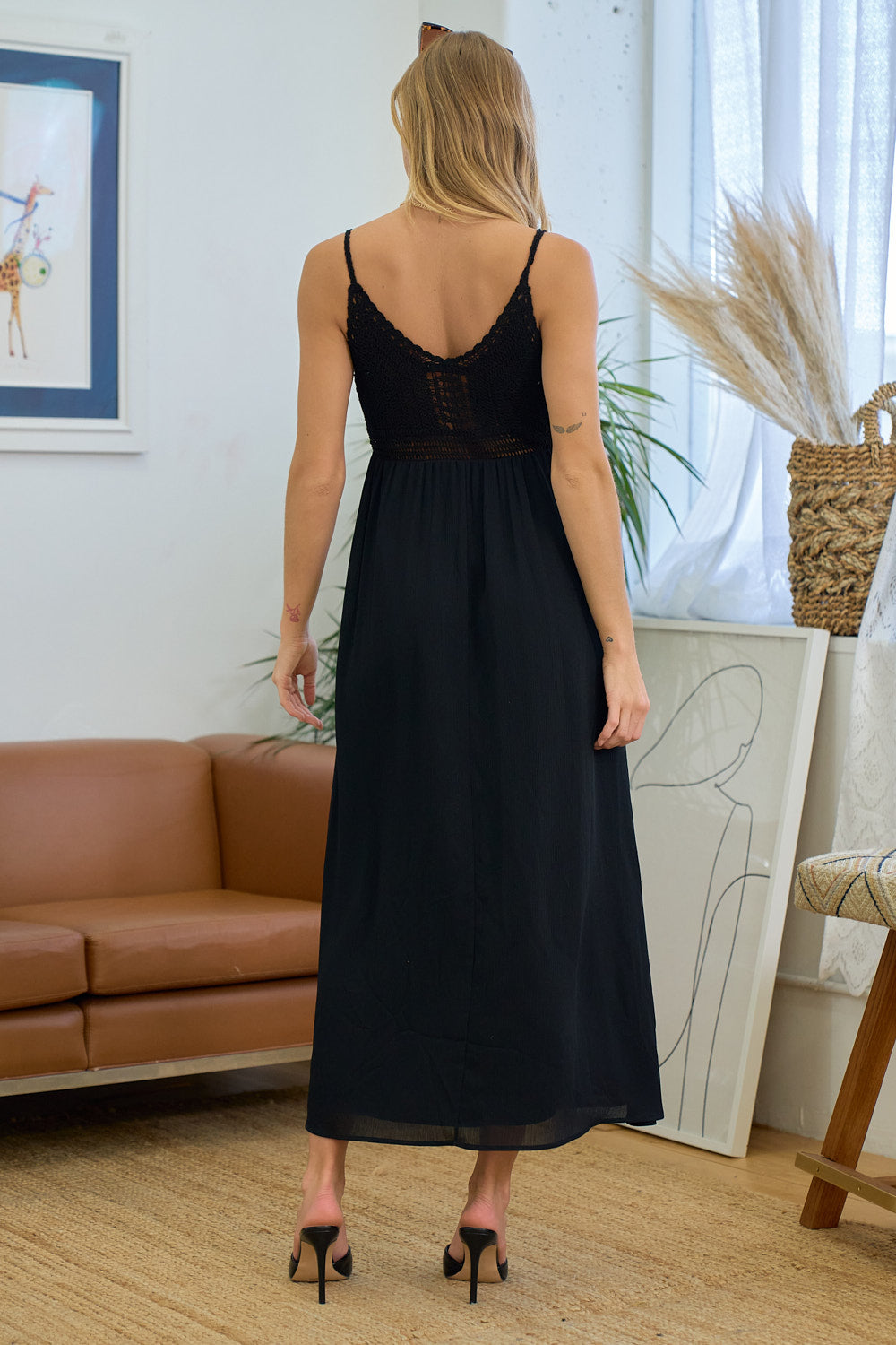 Cocktail Dresses Tea Length Crochet Top Maxi Dress Black