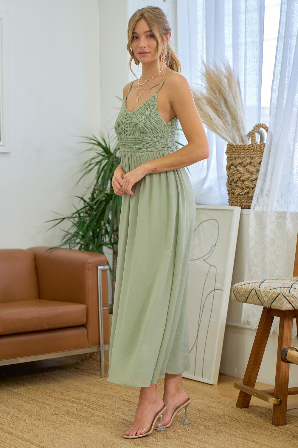 Cocktail Dresses Tea Length Crochet Top Maxi Dress Dusty sage