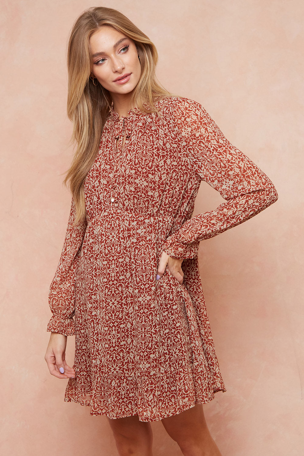 Cocktail Dresses Long Sleeve V Neck Mini Short Dress Rust