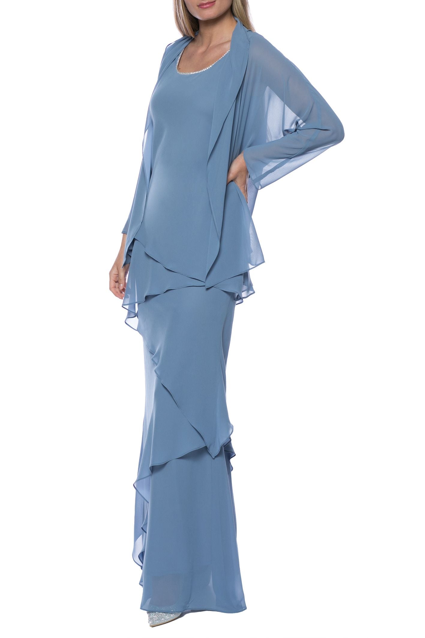 Dior Blue Marina Tiered Solid Chiffon Dress with Matching Jacket