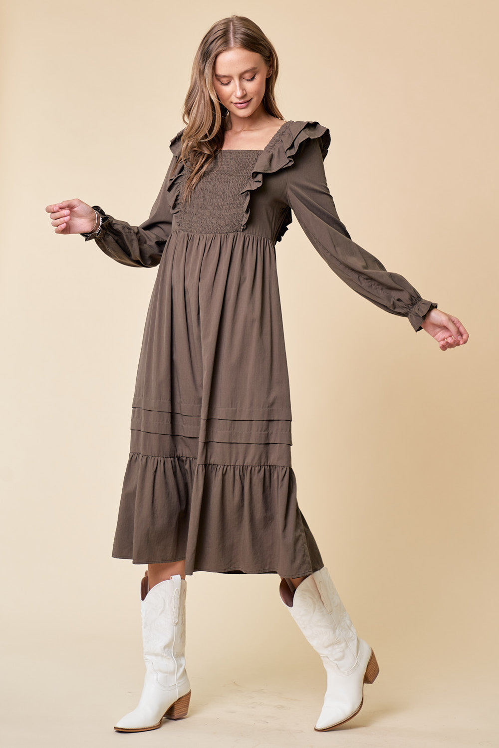 Cocktail Dresses Long Sleeve Tiered Midi Length Dress Olive