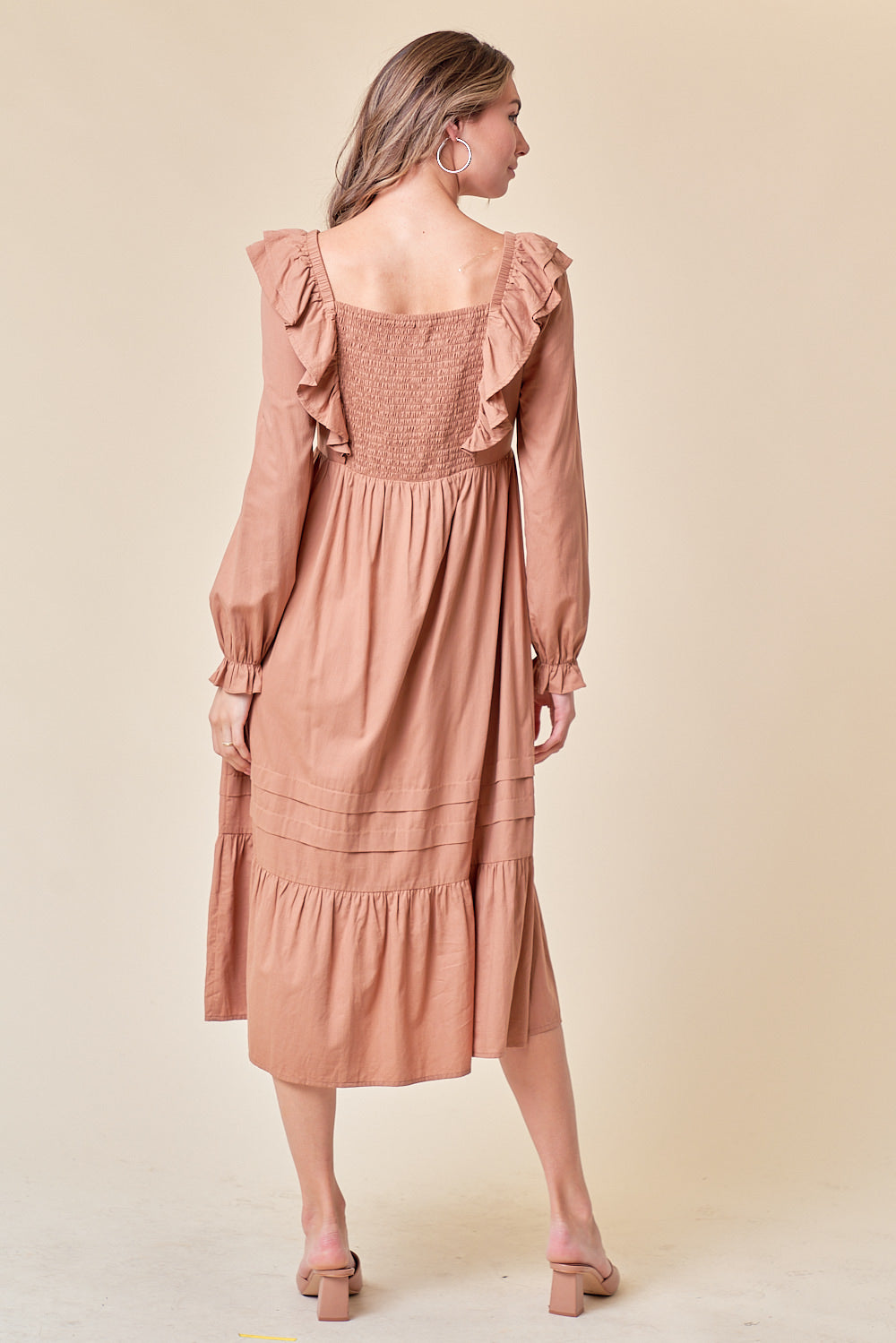 Cocktail Dresses Long Sleeve Tiered Midi Length Dress Toffee