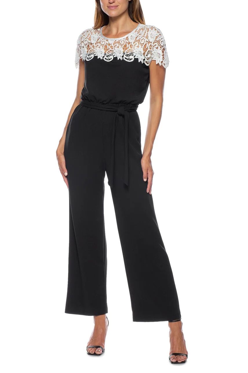 Jumpsuit Illusion Boat Neck Stretch Crepe Jumpsuit Ivory Black