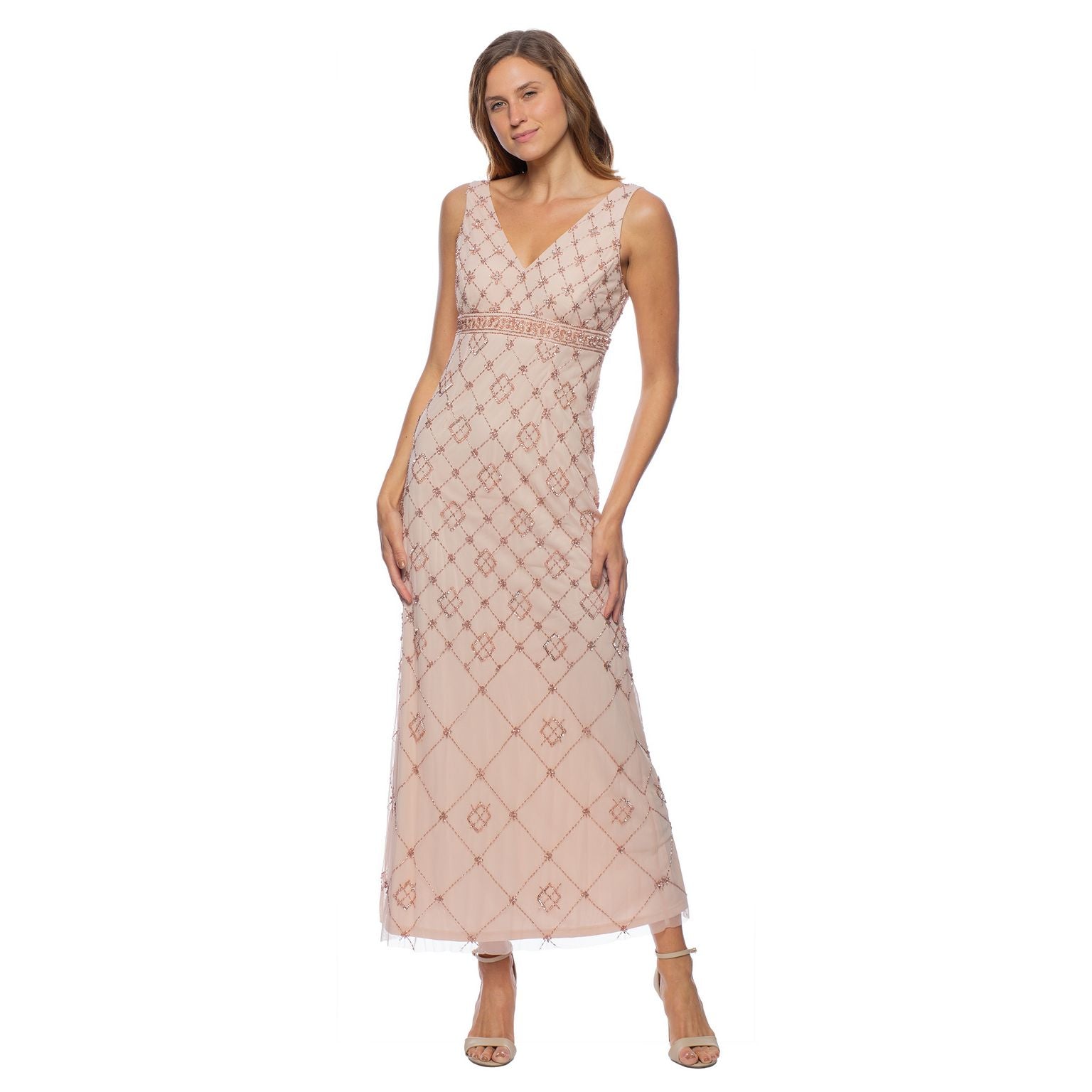 Blush Marina Long Beaded Sleeveless V Neck Dress for 299.99 The Dress Outlet