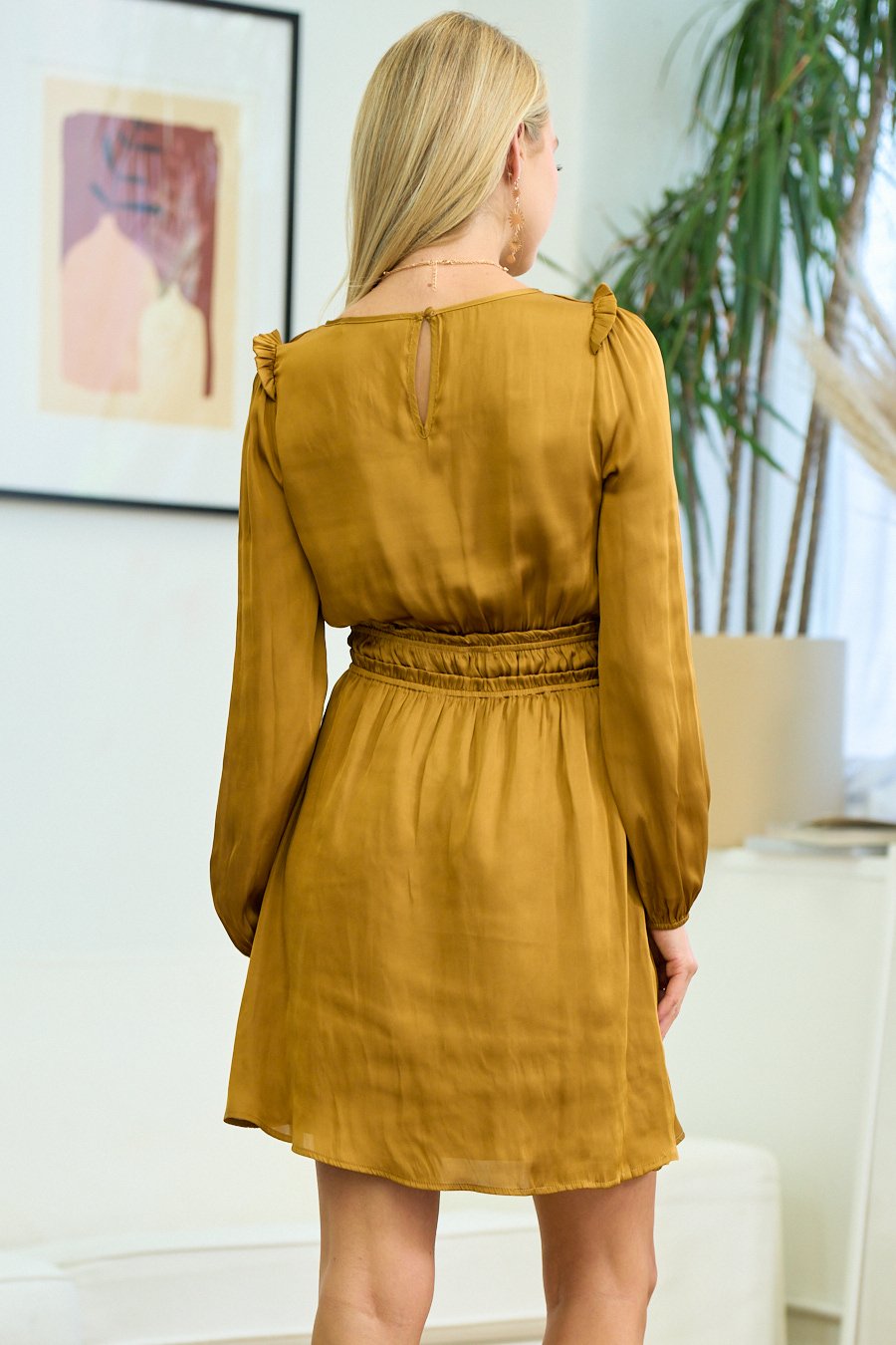 Cocktail Dresses Long Sleeve Smocked Waist Mini Dress Golden Mustard