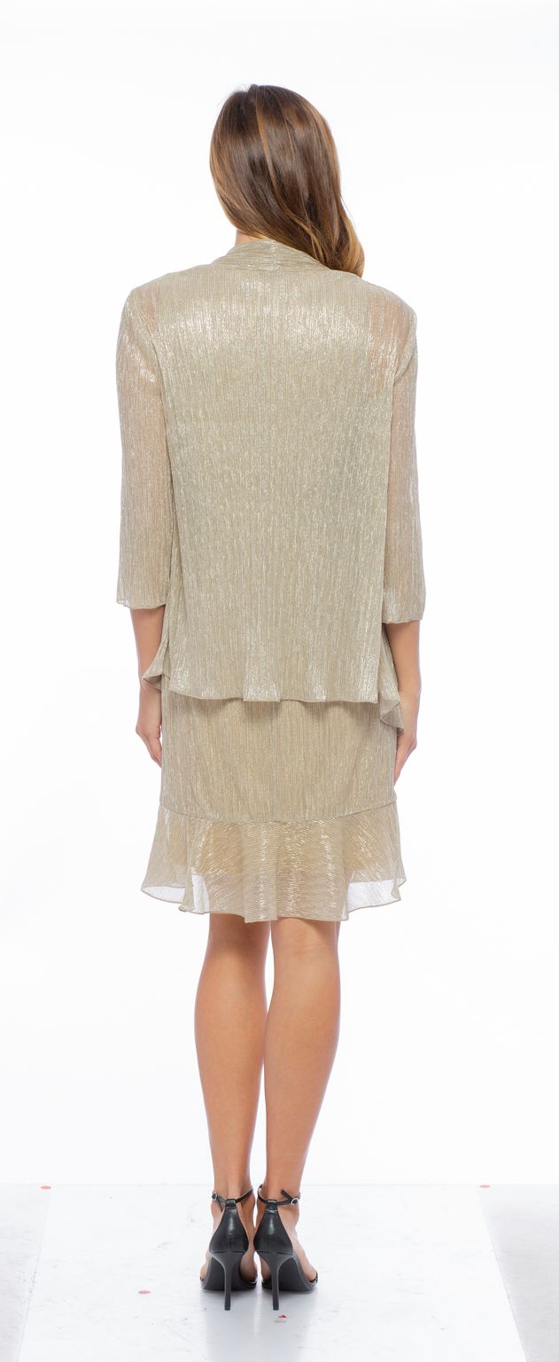 Cocktail Dresses Short Metallic Chiffon 2 Piece Jacket Dress Gold