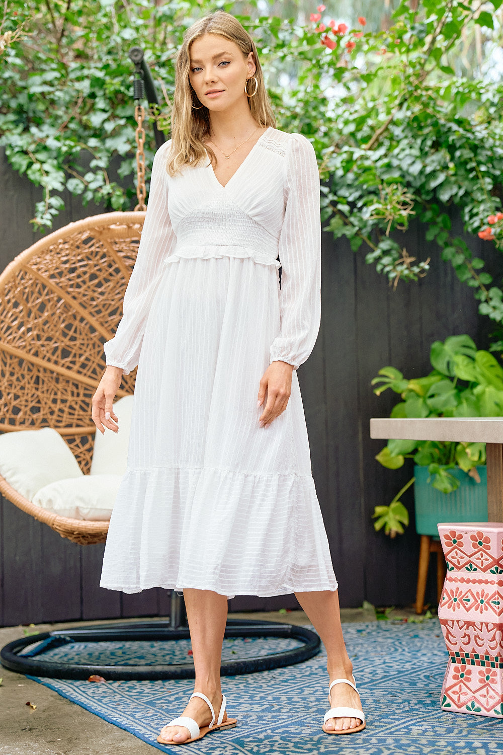 Cocktail Dresses Long Sleeve V Neck Midi Length Dress Off White